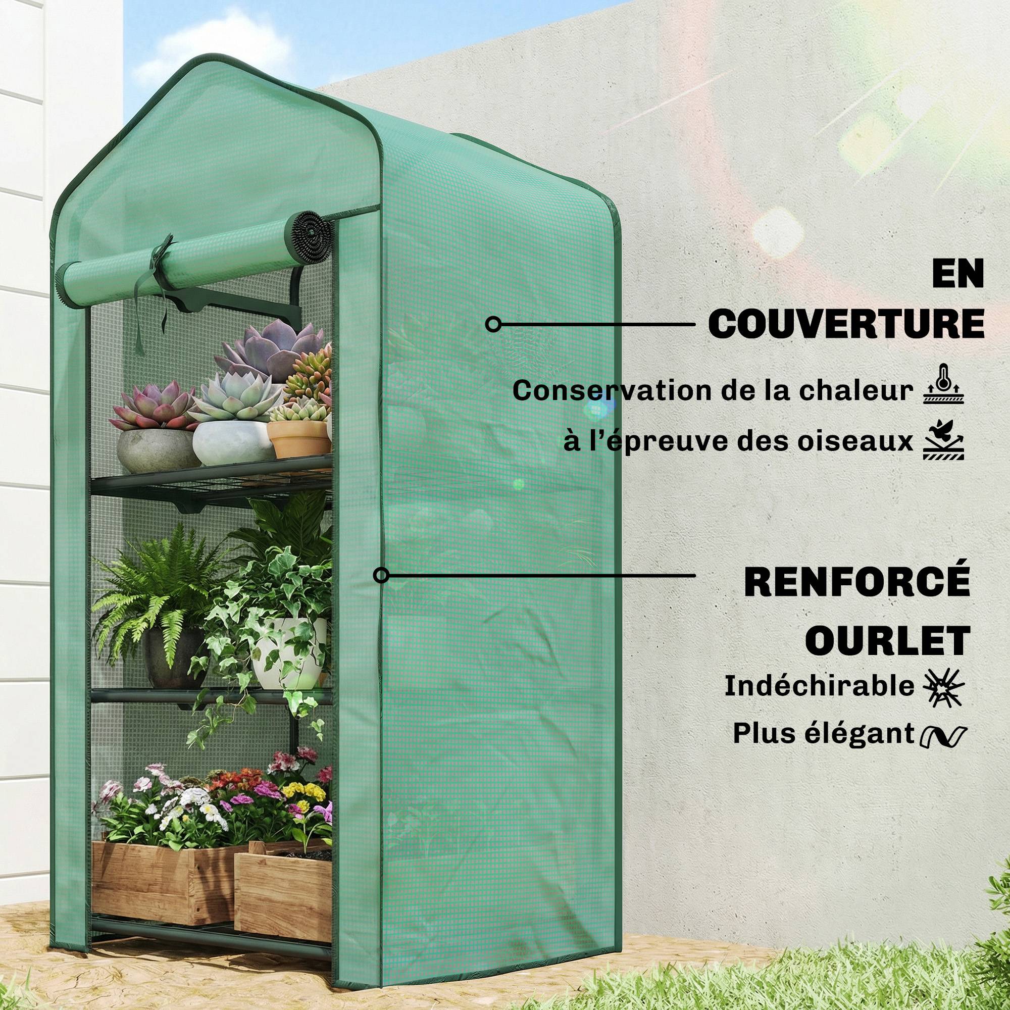Mini serre de balcon en PE et acier avec étagères pour plantes floraison 59x39cm vert - ComfortXL Outdoor Living - Image 6