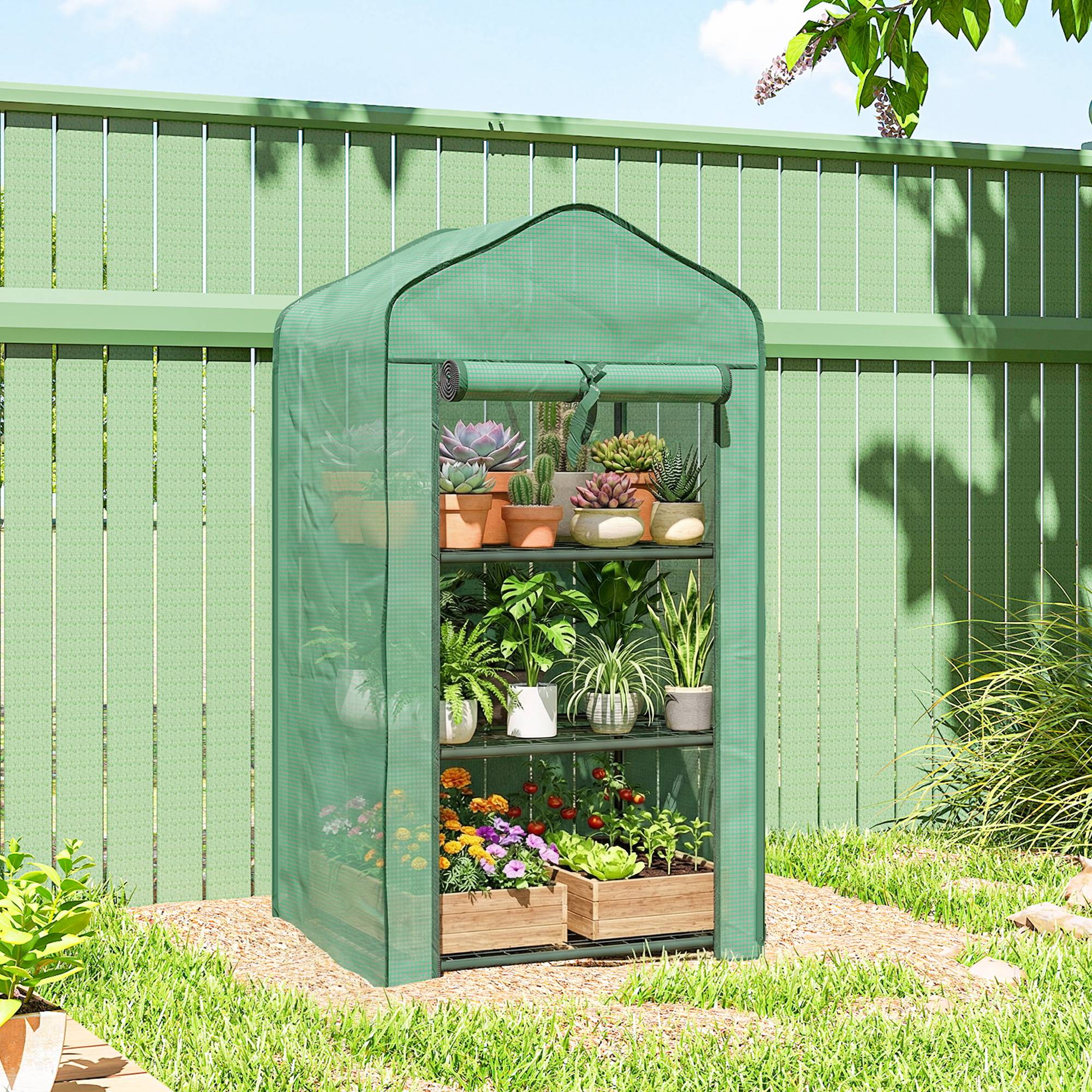 Mini serre de balcon en PE et acier avec étagères pour plantes floraison 59x39cm vert - ComfortXL Outdoor Living - Image 4