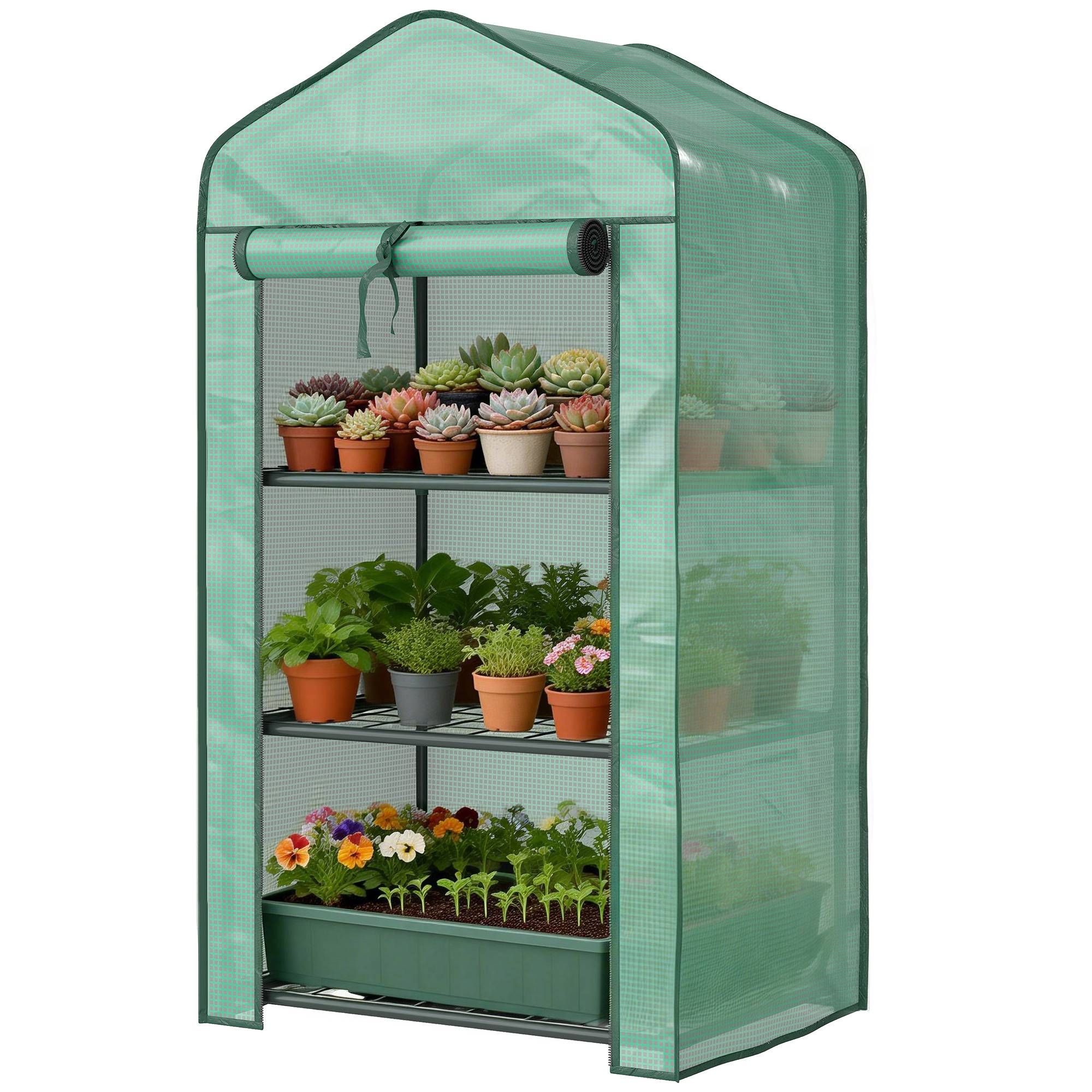 Mini serre de balcon en PE et acier avec étagères pour plantes floraison 59x39cm vert - ComfortXL Outdoor Living - Image 2
