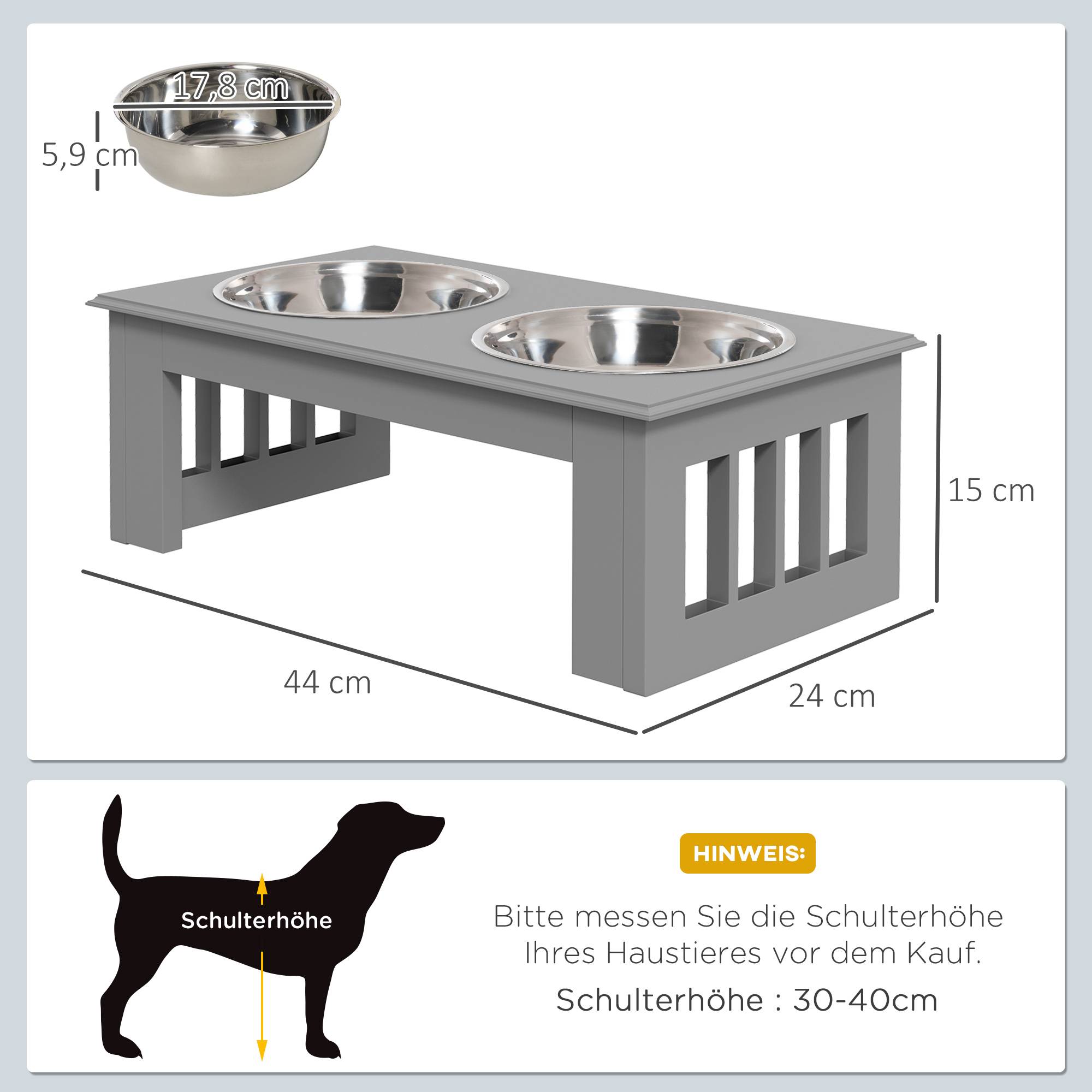 ComfortXL - Station repas surélevée pour chien MDF et inox 44 x 24 x 15 cm grise 2 gamelles 0,9 L faciles à nettoyer - Image 3