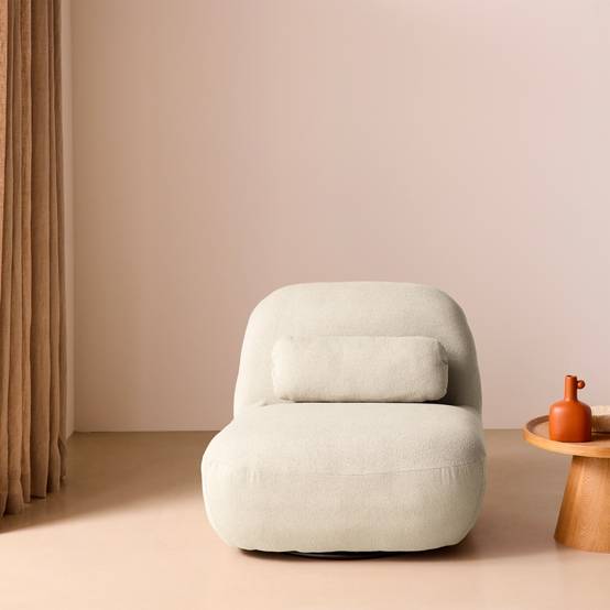 sweeek - Fauteuil pivotant 360° en bouclette texturée blanc crème. piètement en métal noir mat - SPINO | sweeek - Image 1