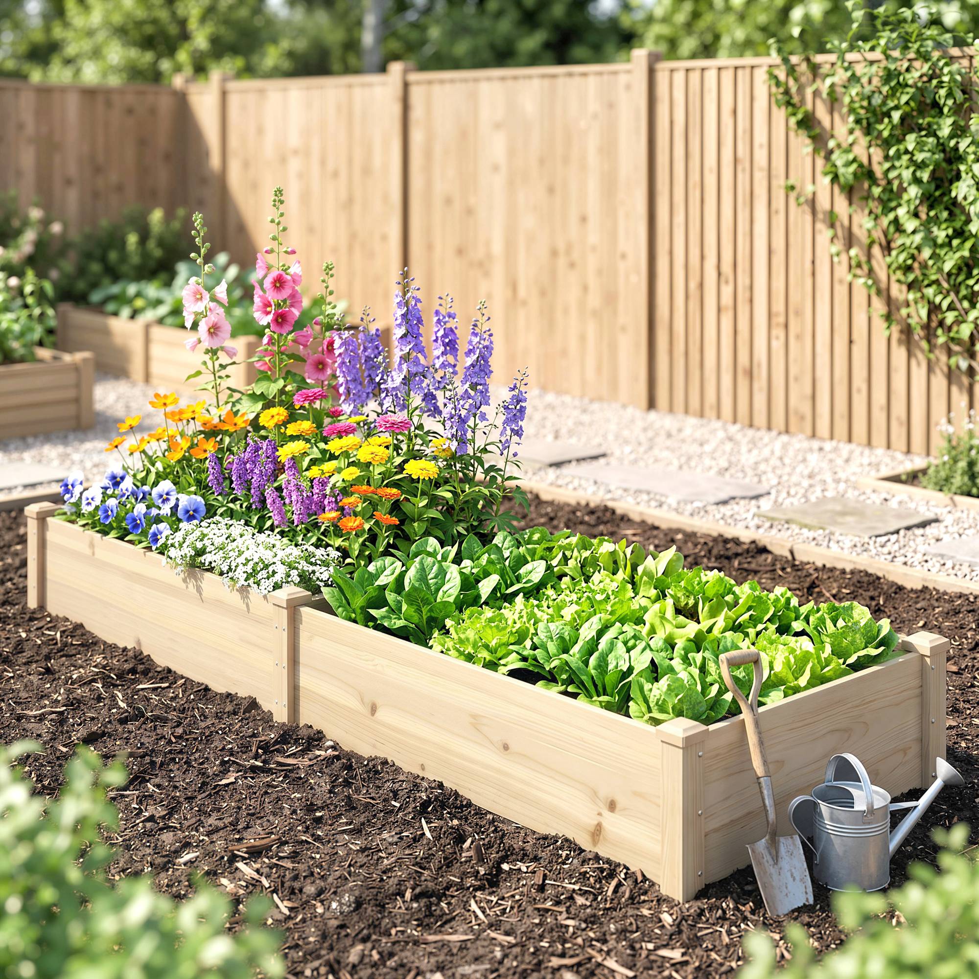 Potager surélevé 2 zones, doublure non tissée, bois massif, 244x61,5x27 cm - Image 4
