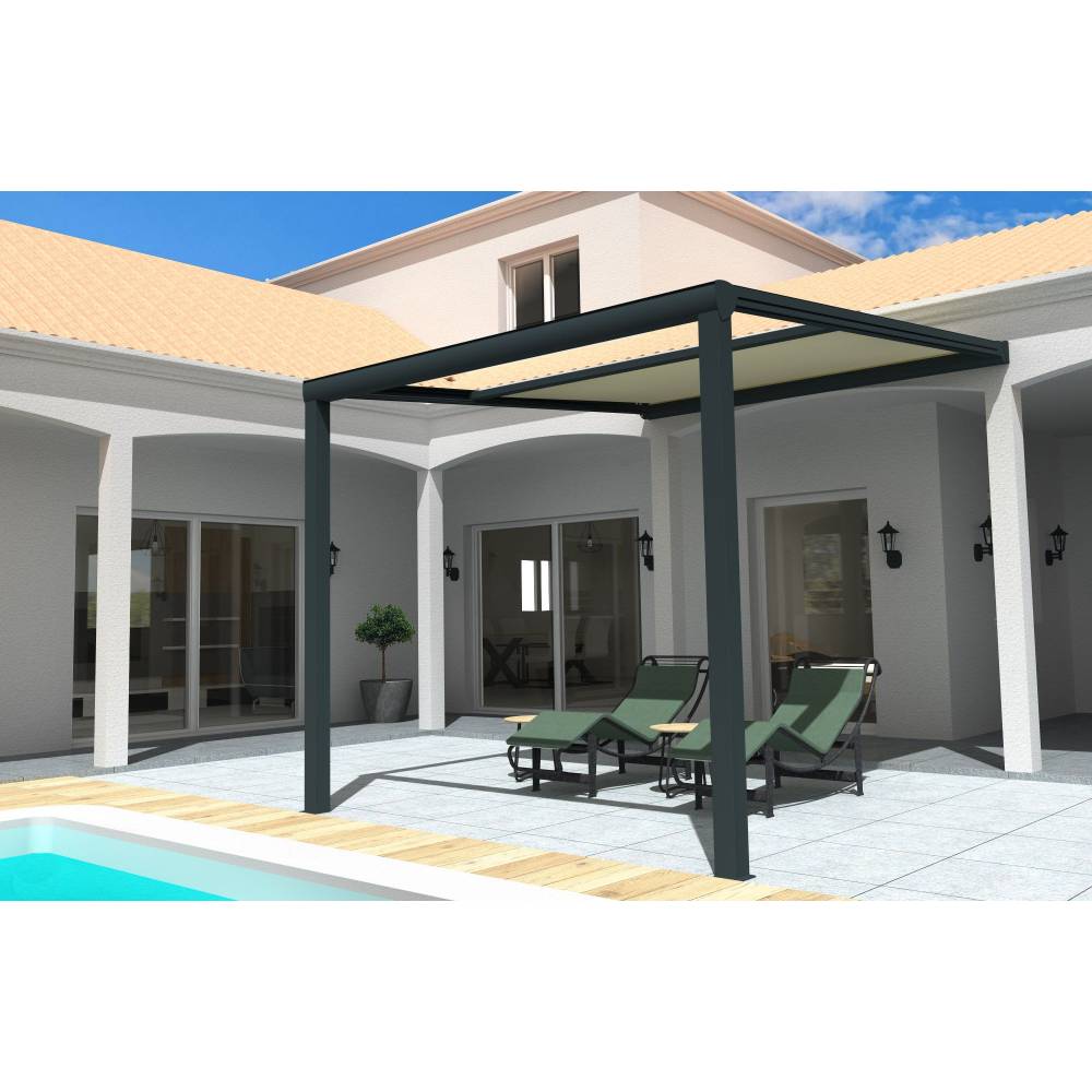 Pergola toile TILA 4,00x3,50m Motorisé à télécommande + manœuvre de secours (Ecru - Gris anthracite) - Alia Productions - Imagen 5