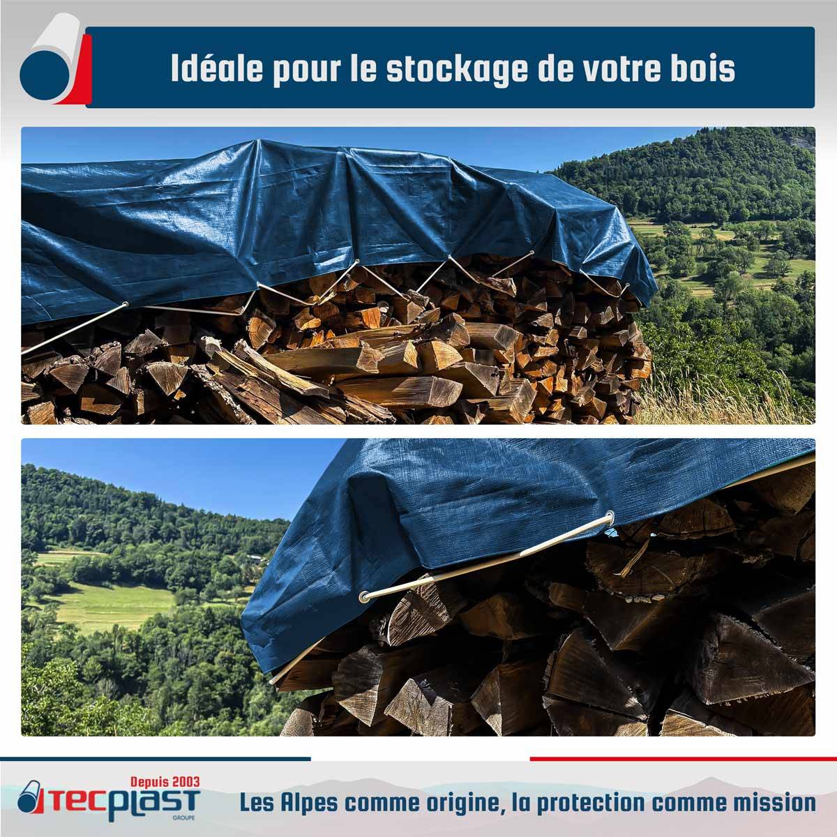 Bâche Bois 4x5 m SR150BO Bleue et Verte - Haute Qualité - Bâche de protection imperméable pour Bois de chauffage TECPLAST - Image 2