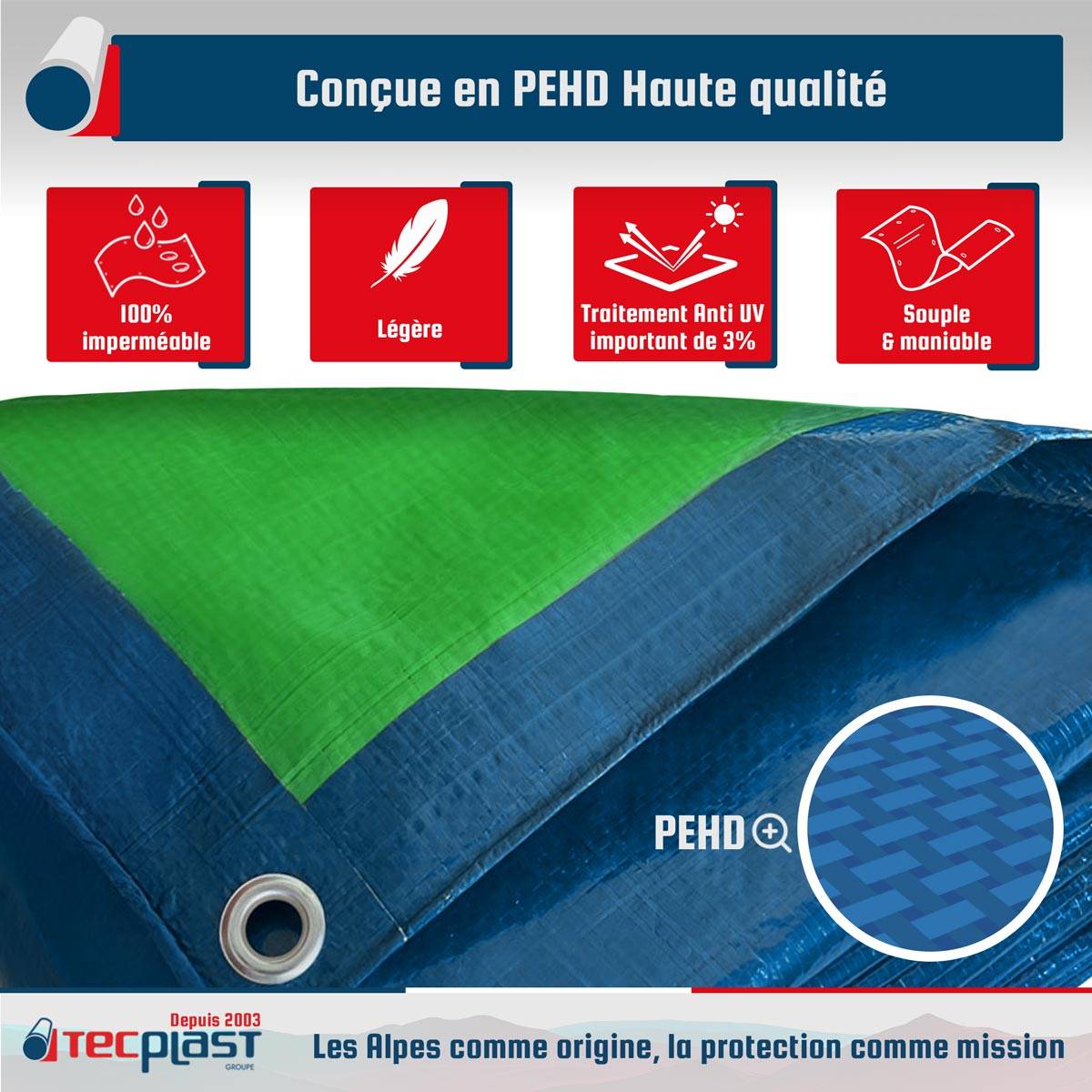 Bâche Bois 4x5 m SR150BO Bleue et Verte - Haute Qualité - Bâche de protection imperméable pour Bois de chauffage TECPLAST - Image 3