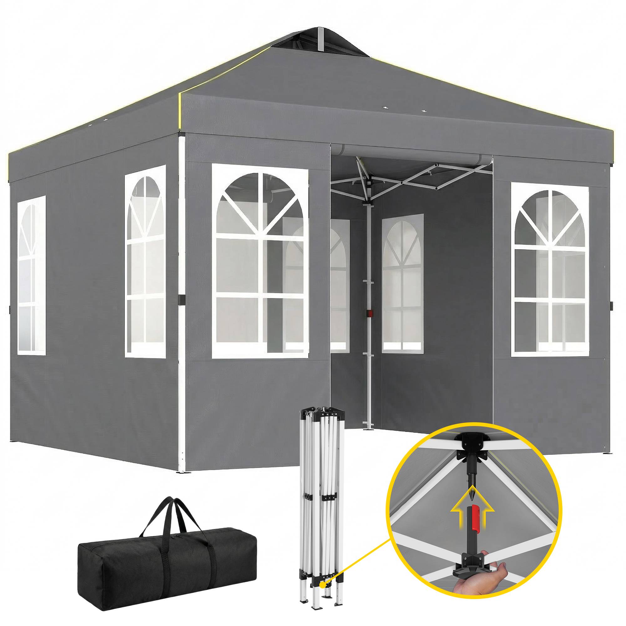 Tente gris foncé 3x3 m avec 4 panneaux latéraux amovibles UPF50+, abri design sobre pour terrasse pratique et modulable