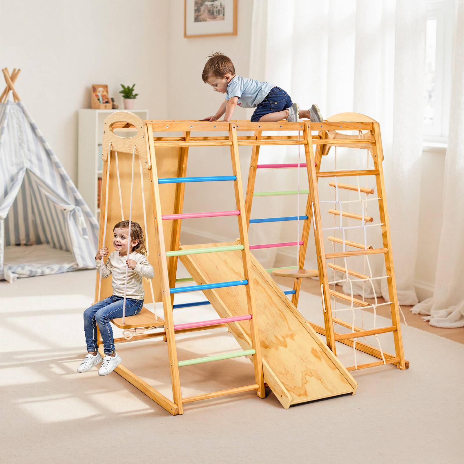 Vevor - VEVOR Aire de jeux intérieure 9-en-1 en bois, toboggan 140 cm, balançoires, échelles, filet et équipements d'escalade, charge 113 kg. - Image 8