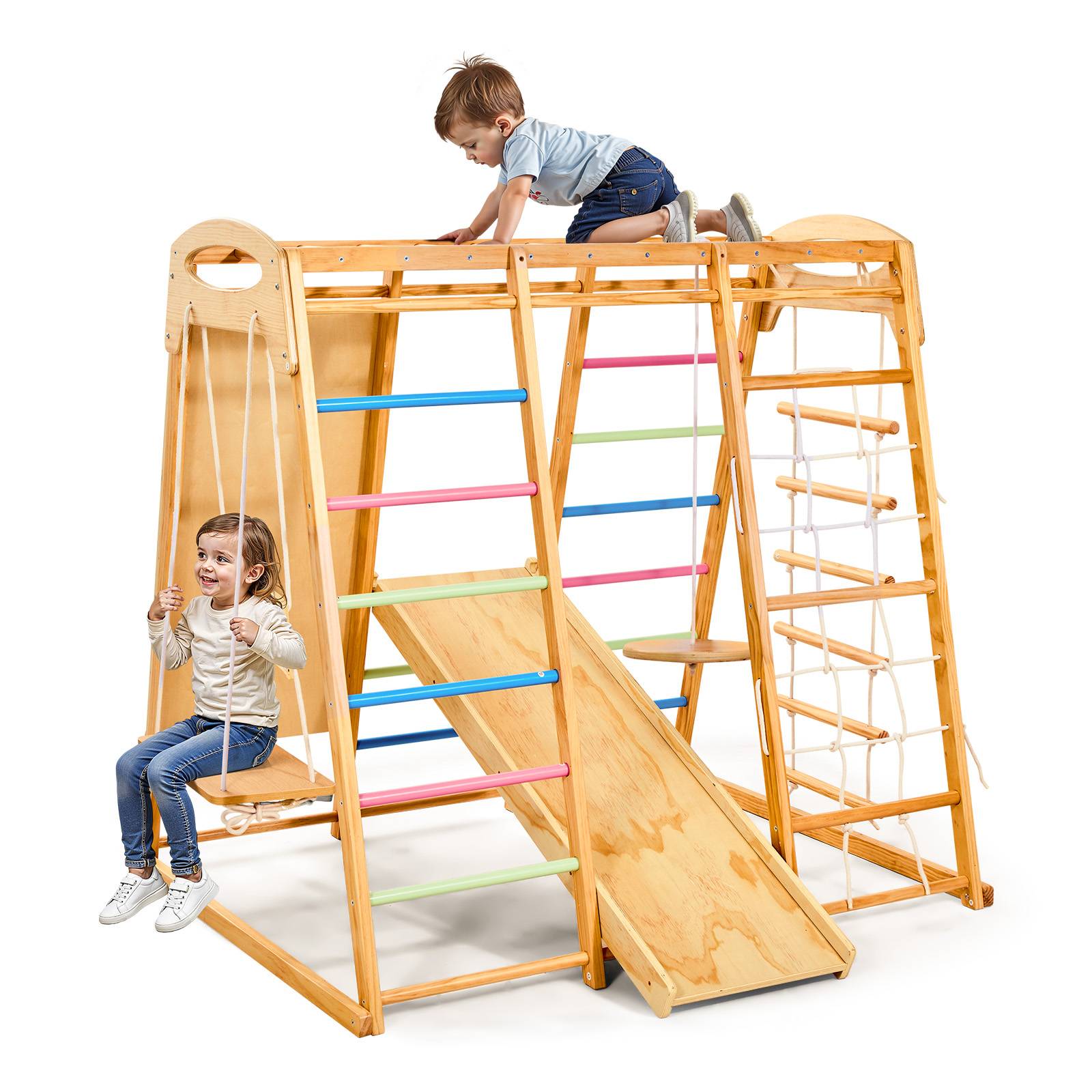 Vevor - VEVOR Aire de jeux intérieure 9-en-1 en bois, toboggan 140 cm, balançoires, échelles, filet et équipements d'escalade, charge 113 kg. - Image 1