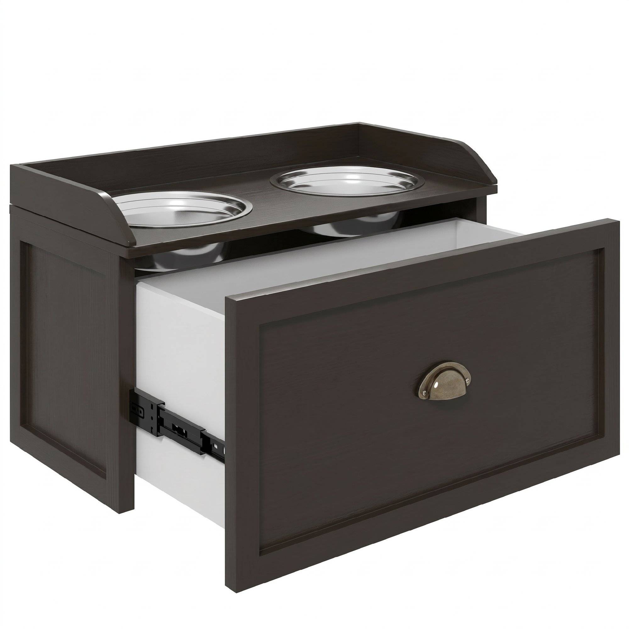 ComfortXL - Porte-gamelles surélevé pour grand chien en MDF marron café 60 x 30 x 36 cm avec 2 bols inox et tiroir - Image 7