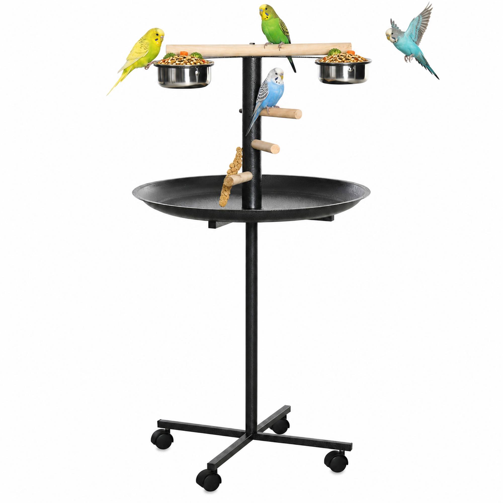Sans Marque - Perchoir perroquet mangeoire à oiseaux sur pied 4 roulettes, 2 mangeoires en acier inoxydable, Ø 60 x 111 cm, gris - Image 1