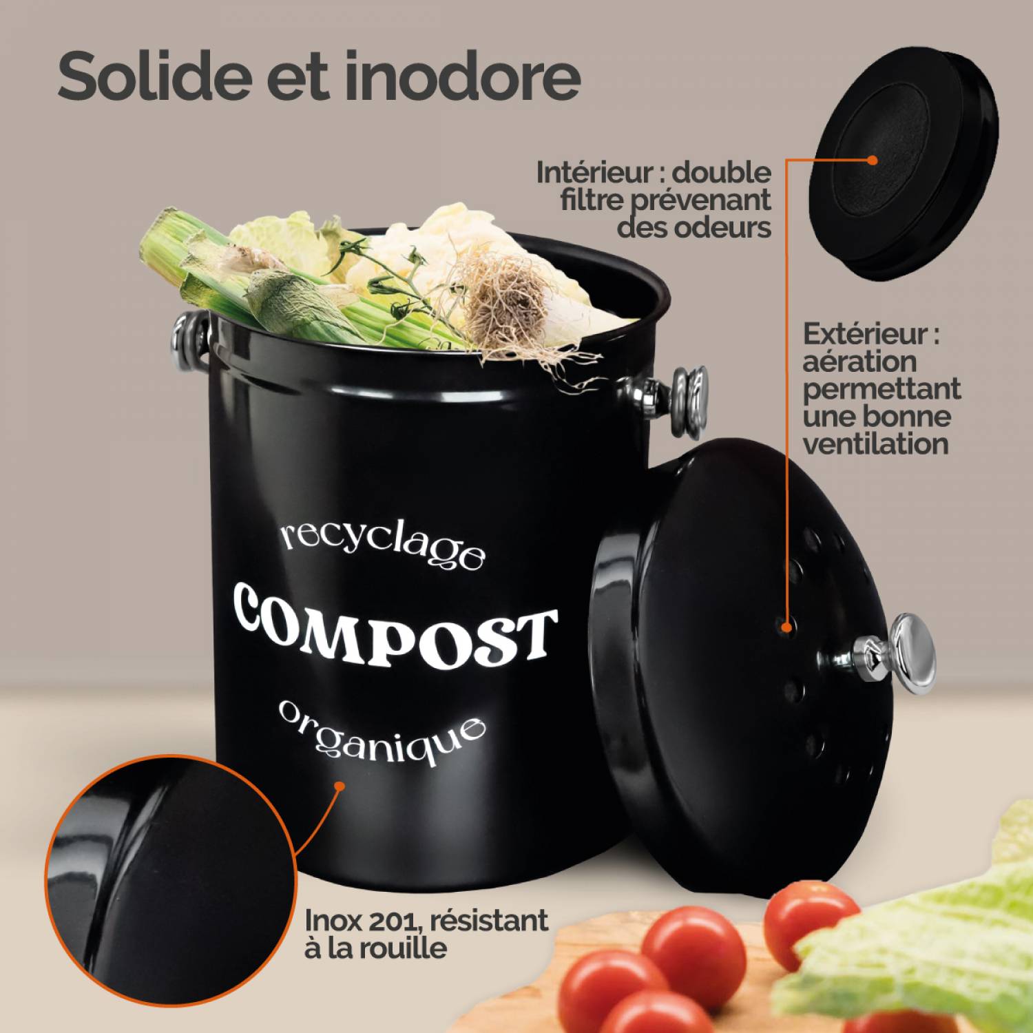 Composteur, bac, poubelle à compost de cuisine 5L rond en Inox - Noir - Linxor - Image 3