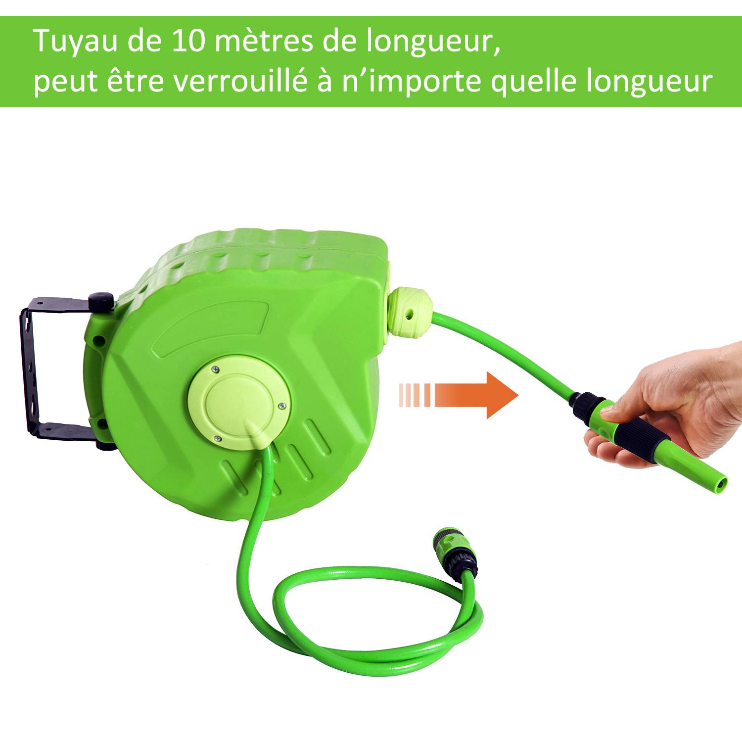 Outsunny - Dévidoir mural enrouleur automatique pivotant 180° tuyau 10 + 1 m avec lance arrosage support mural intégré vert - Outsunny - Imagen 6