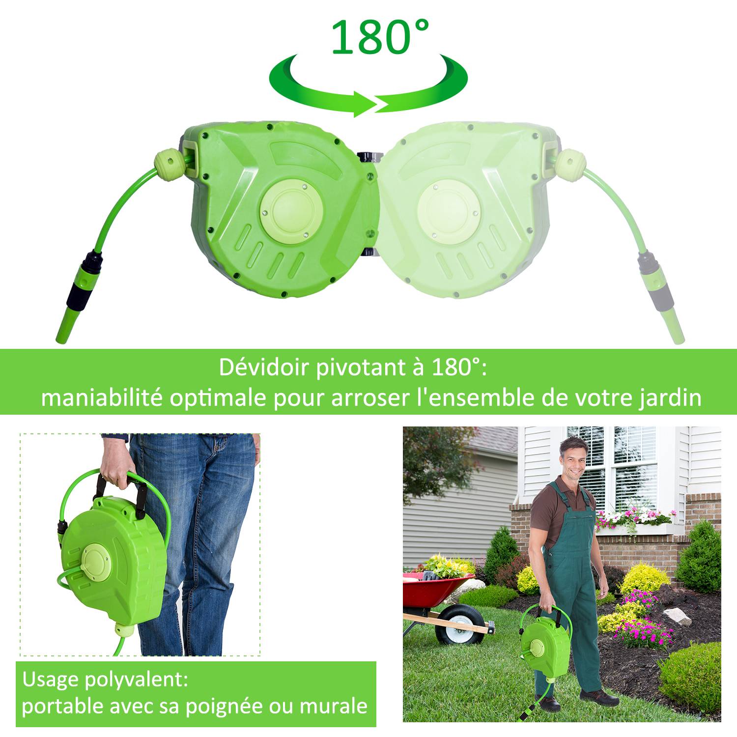 Outsunny - Dévidoir mural enrouleur automatique pivotant 180° tuyau 10 + 1 m avec lance arrosage support mural intégré vert - Outsunny - Imagen 4