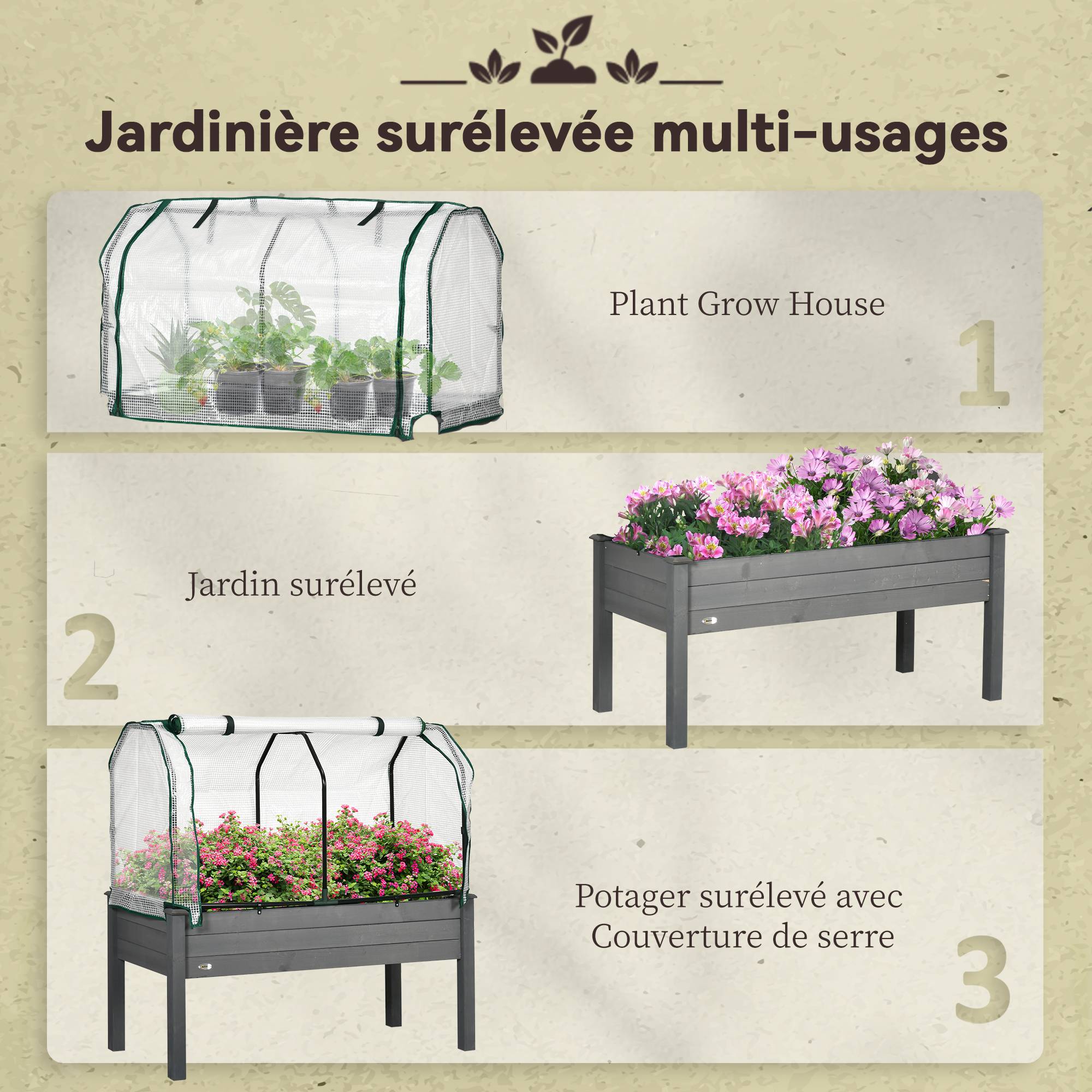 ComfortXL - Carré potager serre sur pieds Bois pour extérieur Grande capacité 104L avec bâche 121cm gris - ComfortXL Outdoor Living - Image 8