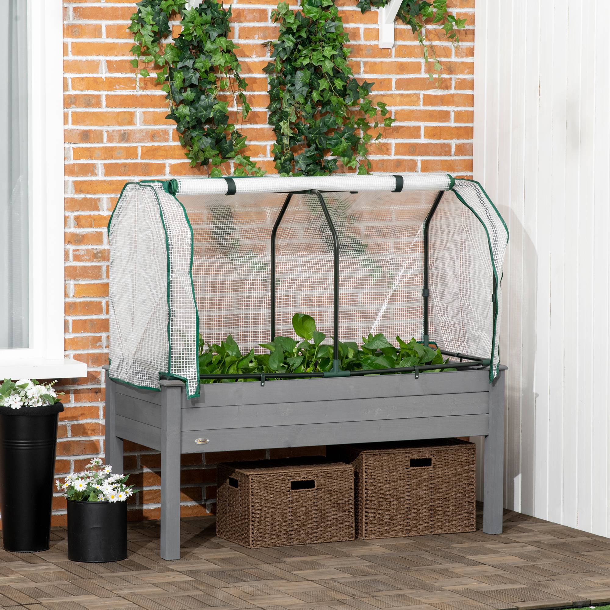 ComfortXL - Carré potager serre sur pieds Bois pour extérieur Grande capacité 104L avec bâche 121cm gris - ComfortXL Outdoor Living - Image 3