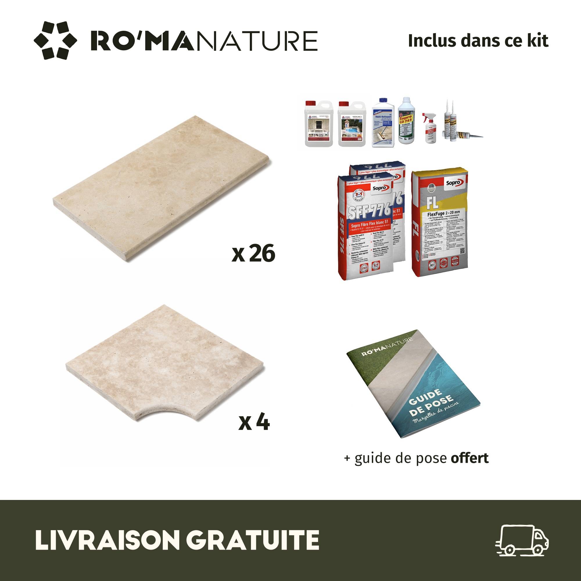 RO'MA Nature - KIT COMPLET - Margelles pour piscine 4x4m en Travertin Beige Light (avec colle, joint, hydrofuge ...) - RO'MA NATURE - Image 3