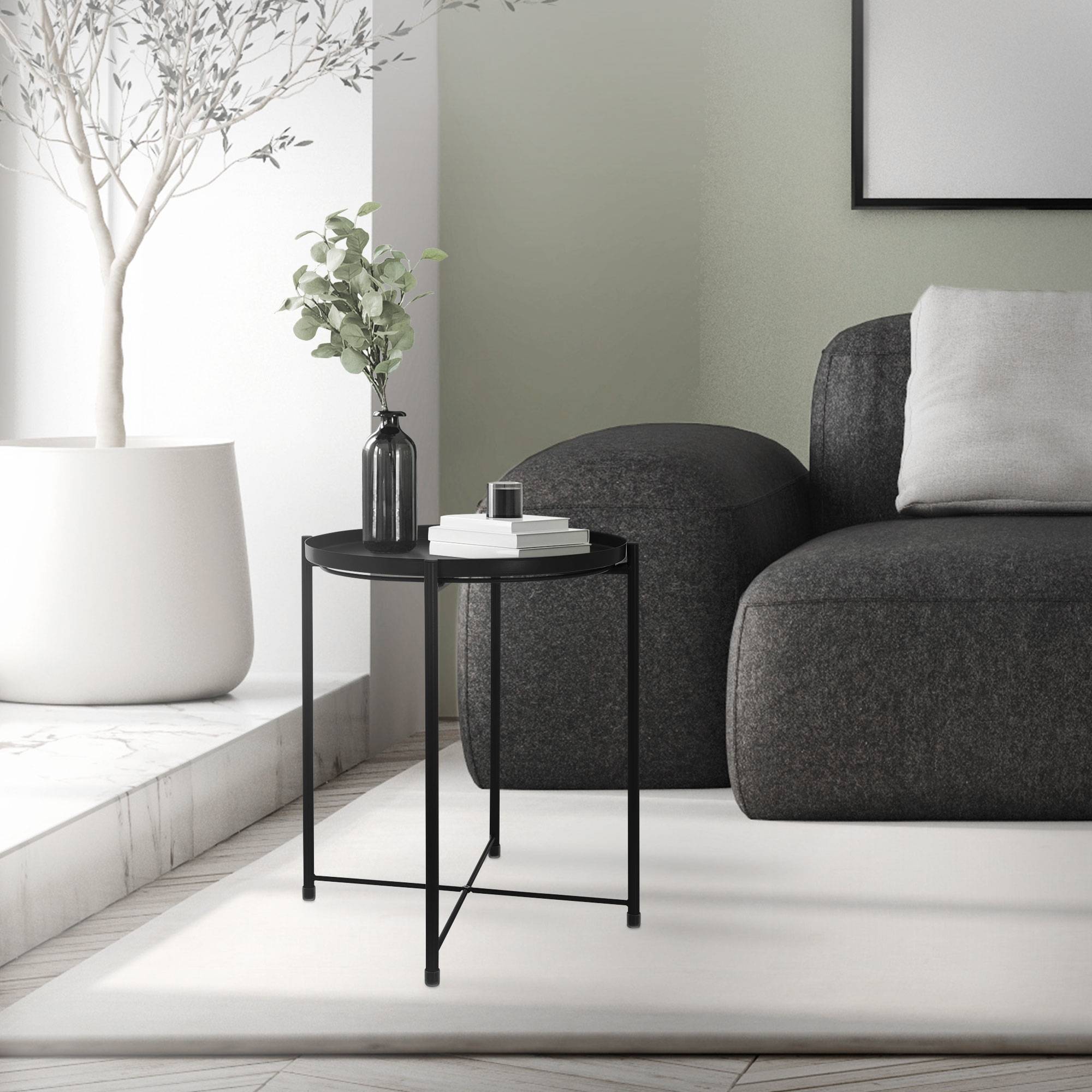 Table d'appoint ronde Ø 45cm H 52cm en métal noir avec plateau amovible solide et robuste table basse moderne pliable pour salon + matériel de montage - Image 7