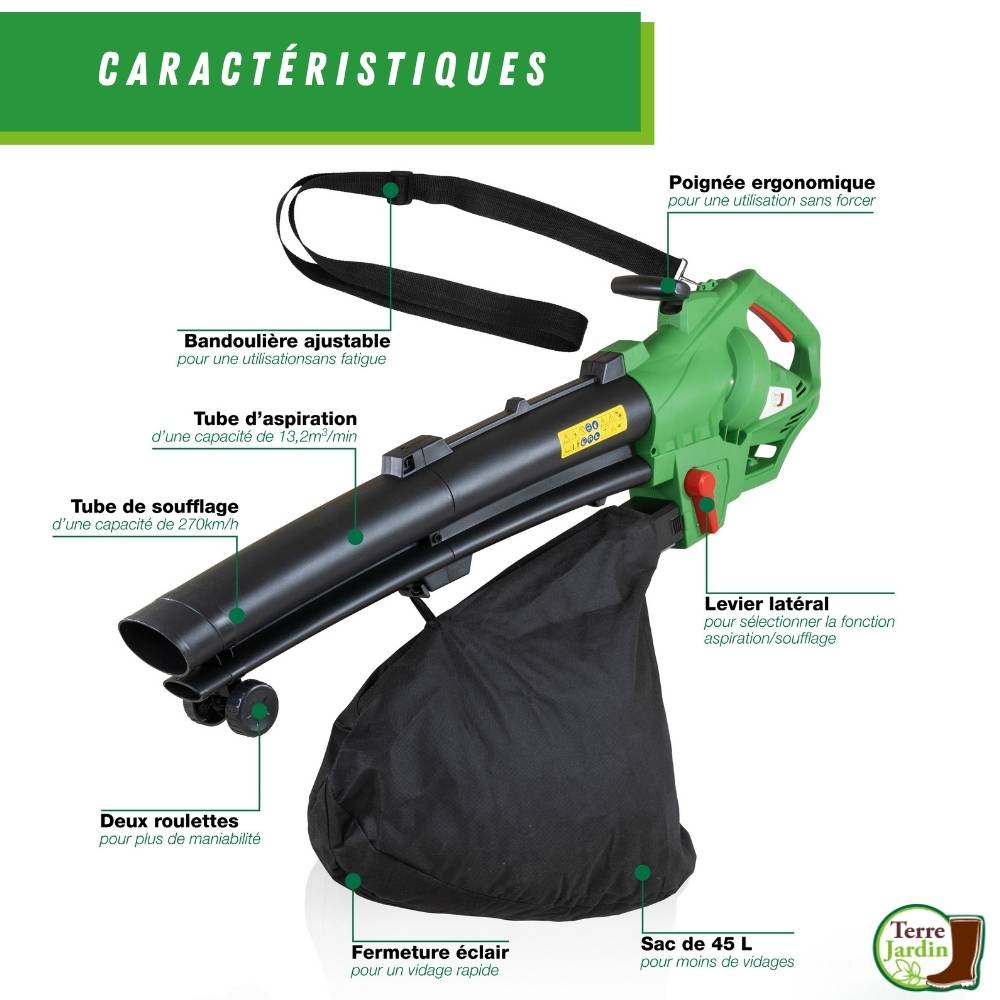 Sans Marque - Souffleur de feuilles filaire 3000W - aspirateur, broyeur - 270Kmh - 45L - TERRE JARDIN - Image 3