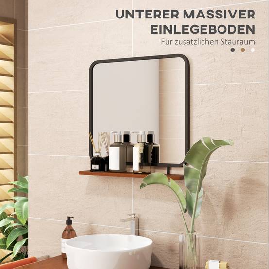 Miroir Mural Métal Bois Entrée Salle de Bain Avec Étagère Rangement Noir 55x55cm - ComfortXL Outdoor Living - Image 6
