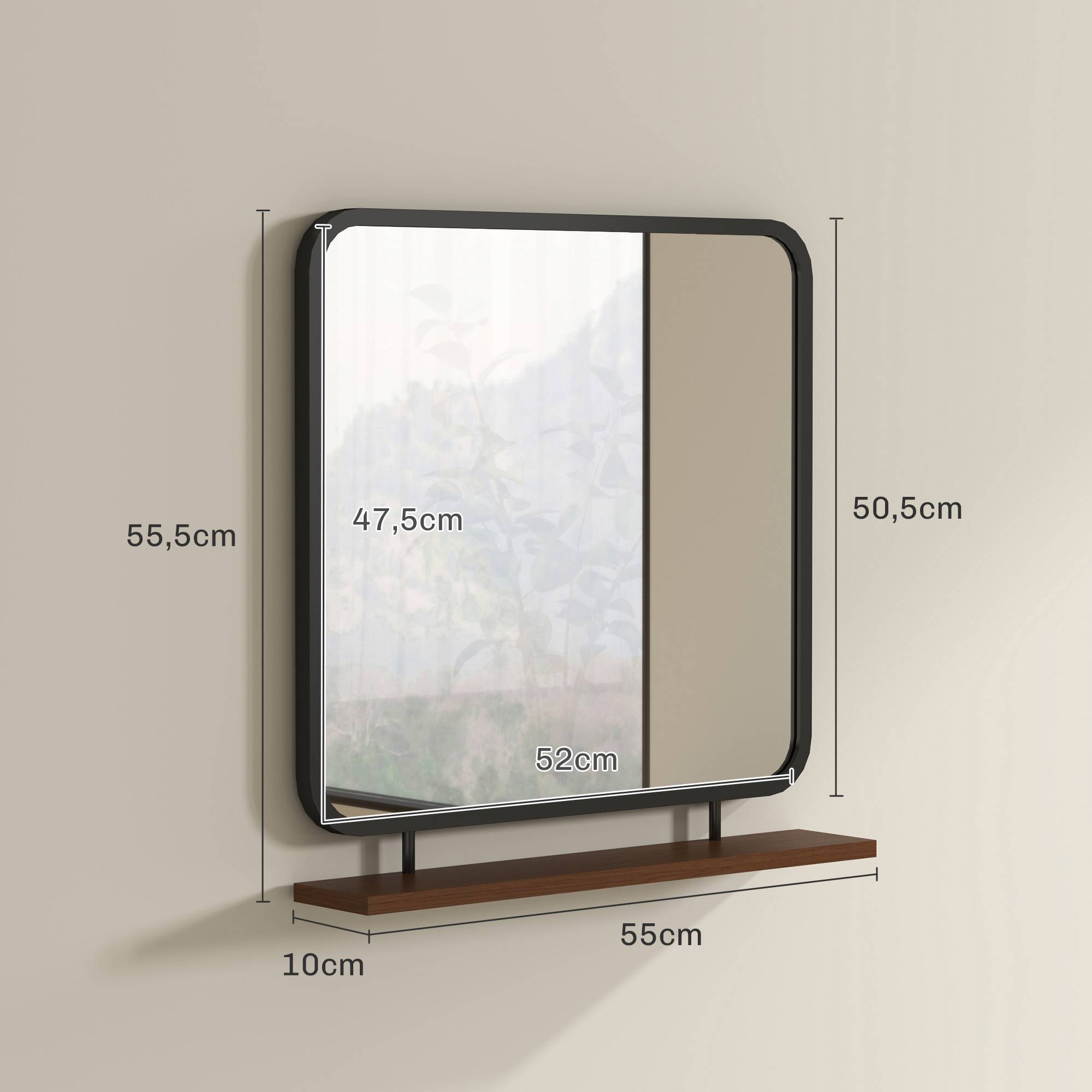 Miroir Mural Métal Bois Entrée Salle de Bain Avec Étagère Rangement Noir 55x55cm - ComfortXL Outdoor Living - Image 3