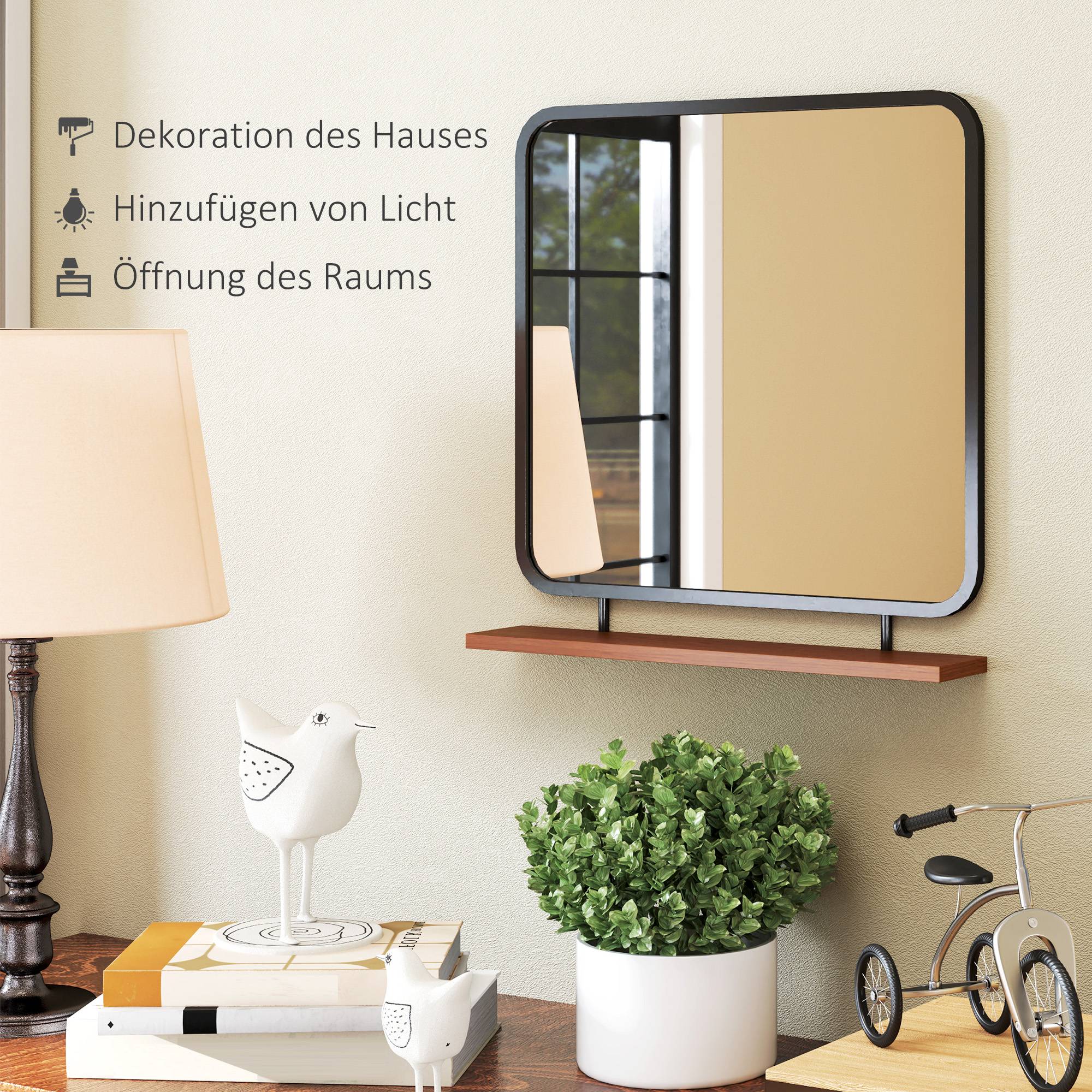 Miroir Mural Métal Bois Entrée Salle de Bain Avec Étagère Rangement Noir 55x55cm - ComfortXL Outdoor Living - Image 5