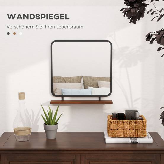Miroir Mural Métal Bois Entrée Salle de Bain Avec Étagère Rangement Noir 55x55cm - ComfortXL Outdoor Living - Image 4