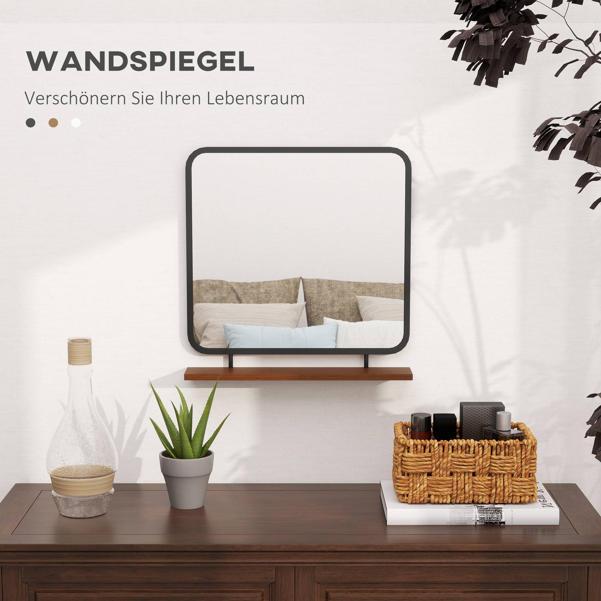Miroir Mural Métal Bois Entrée Salle de Bain Avec Étagère Rangement Noir 55x55cm - ComfortXL Outdoor Living - Image 4