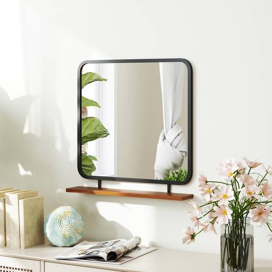 Miroir Mural Métal Bois Entrée Salle de Bain Avec Étagère Rangement Noir 55x55cm - ComfortXL Outdoor Living - Image 1