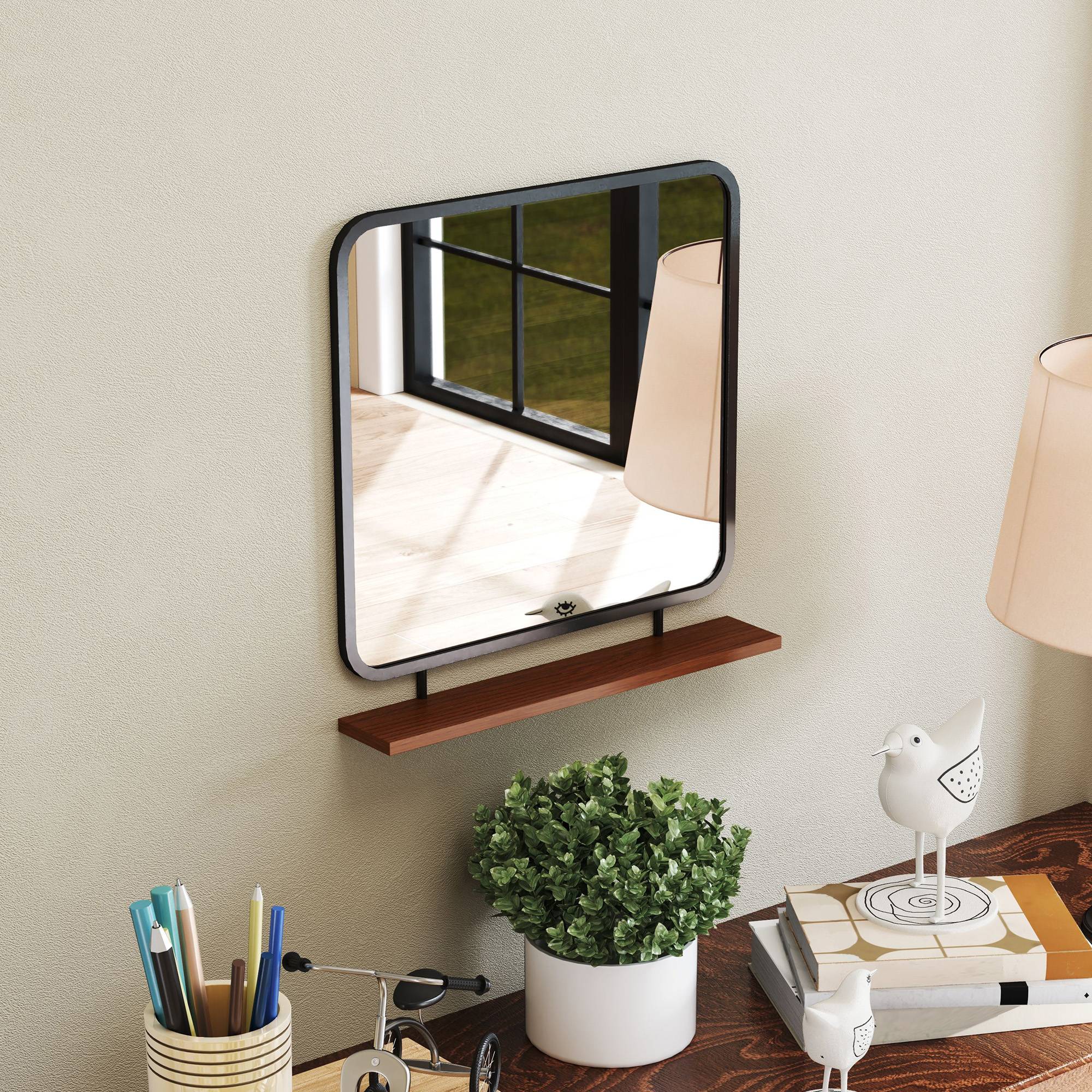 Miroir Mural Métal Bois Entrée Salle de Bain Avec Étagère Rangement Noir 55x55cm - ComfortXL Outdoor Living - Image 7