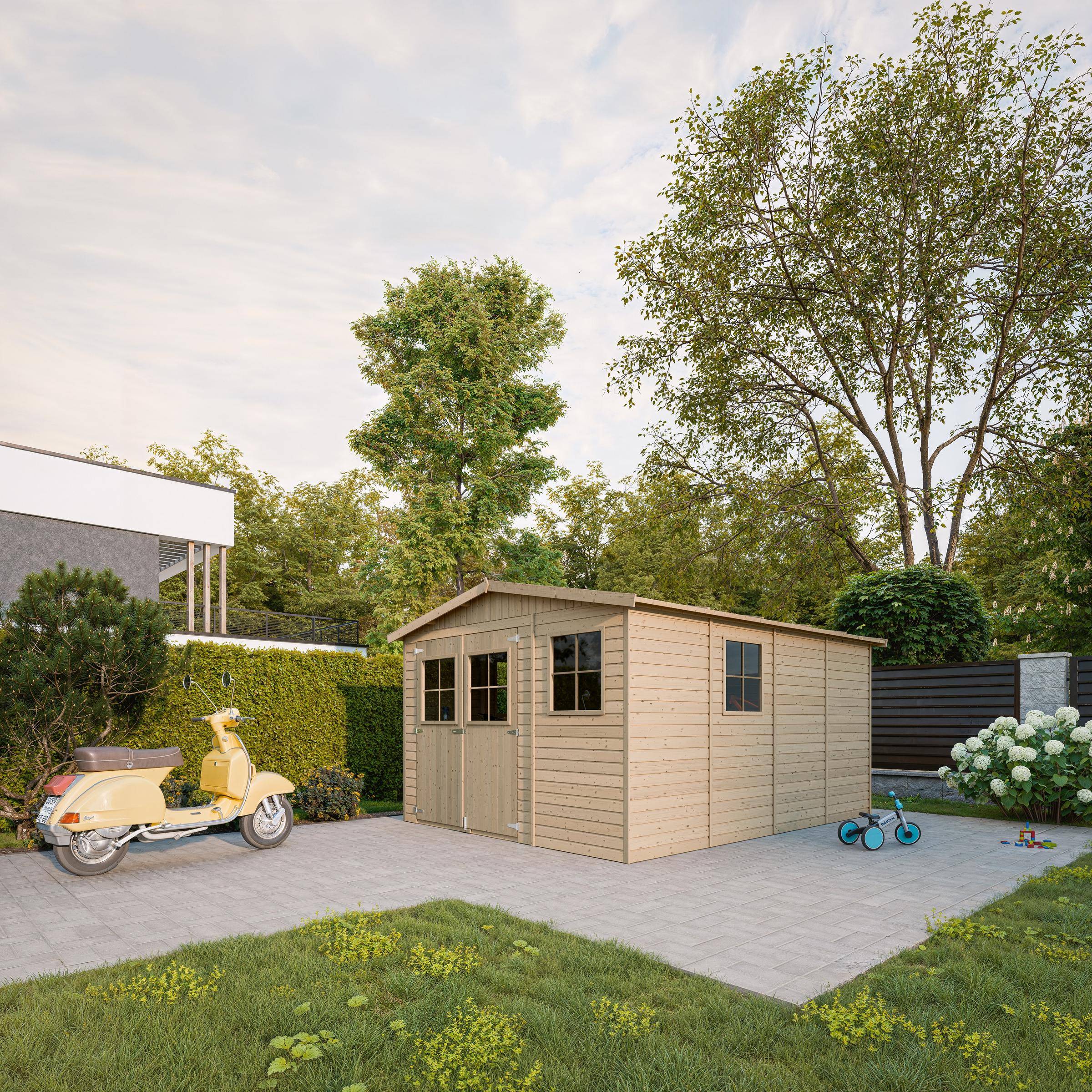 Timbela - Abri de Jardin en Bois Naturel H226x324x416 cm/12 m² - Stockage extérieur avec fenêtres - 17 mm d’épaisseur - Timbela M336 - Image 1