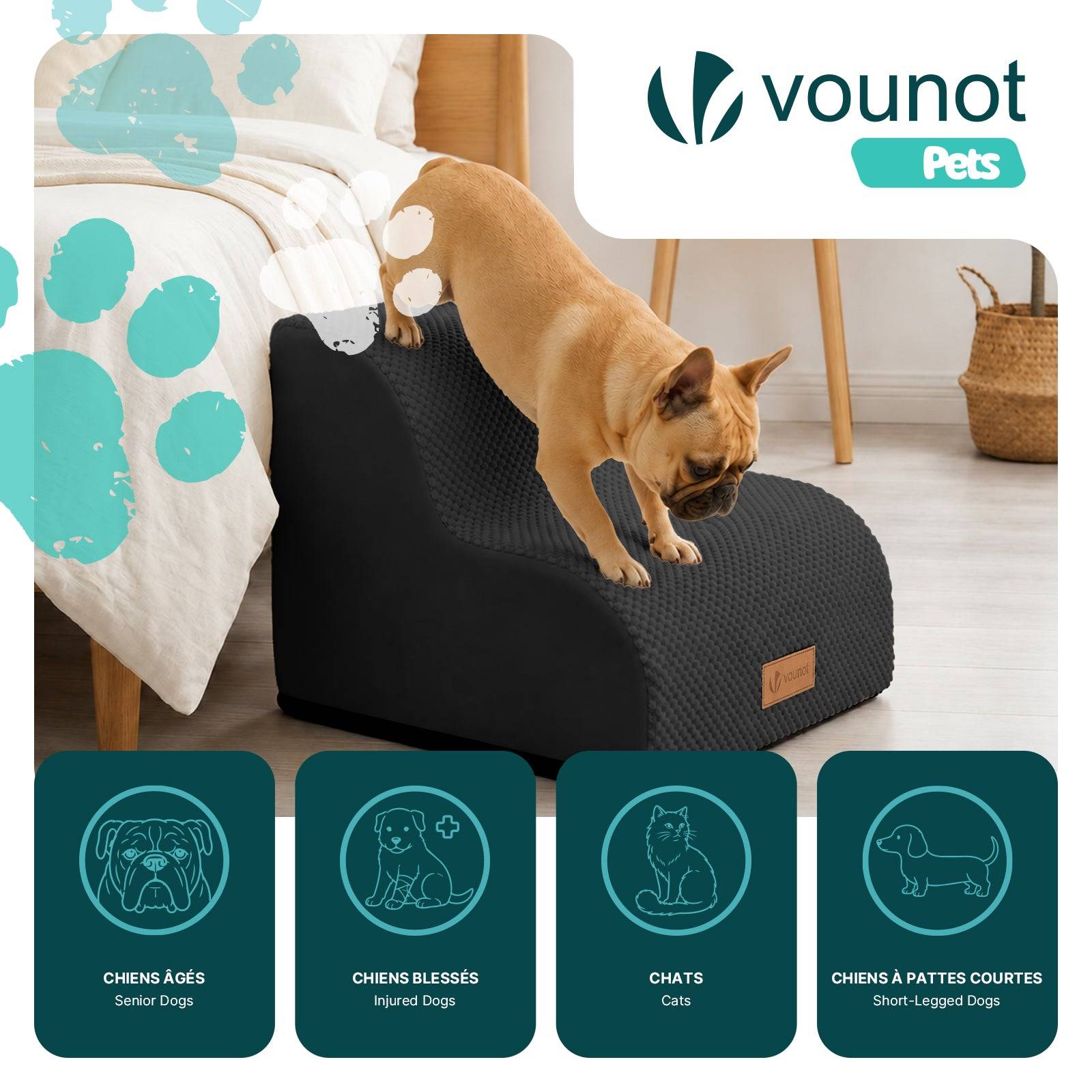 Vounot - Escalier pour chien et chat en mousse haute densite et housse lavable 40x40x30cm noir - Image 2