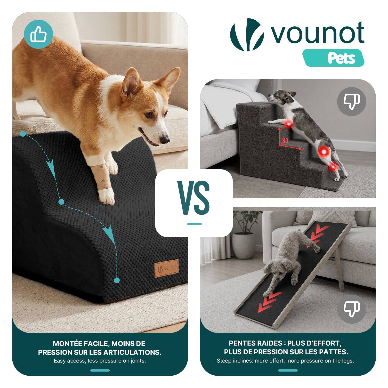 Vounot - Escalier pour chien et chat en mousse haute densite et housse lavable 40x40x30cm noir - Image 6