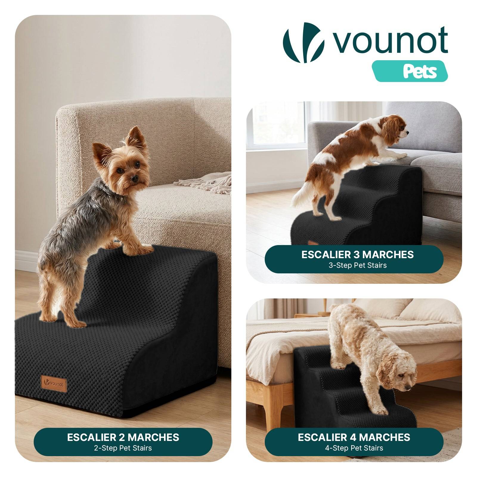 Vounot - Escalier pour chien et chat en mousse haute densite et housse lavable 40x40x30cm noir - Image 7