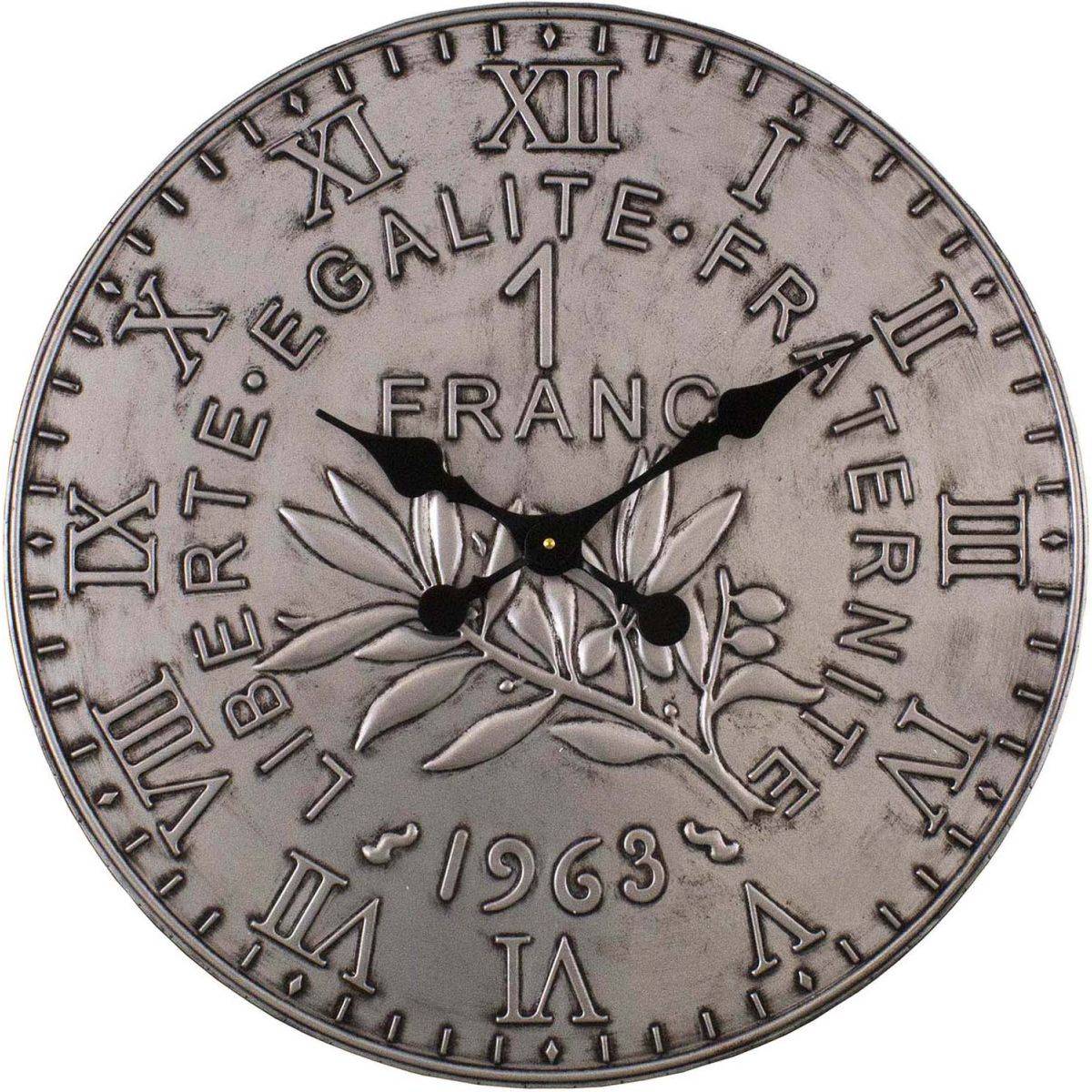 Antic Line Creations - Horloge en fer pièce de monnaie 60 cm 1 franc - Argent - Imagen 1