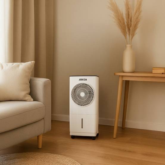 Rafraichisseur d'air portable 60W Minuterie 12h Réservoir 5.5L Refroidisseur d'air Evaporatif Oscillation 70° 4 roulettes Jocca - Image 2