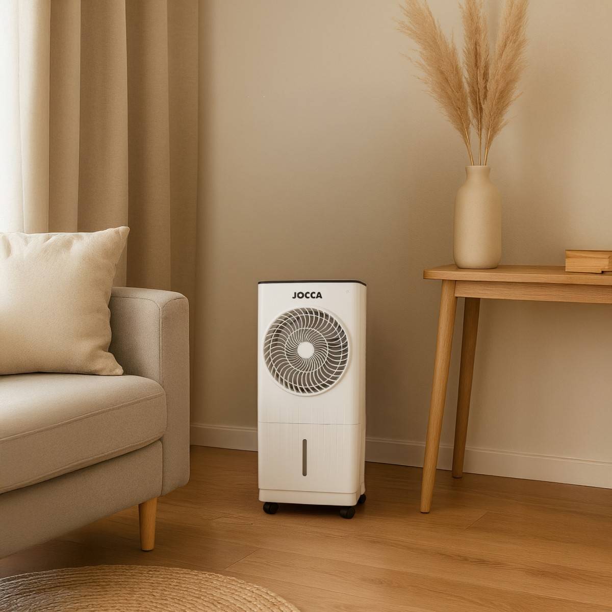 Rafraichisseur d'air portable 60W Minuterie 12h Réservoir 5.5L Refroidisseur d'air Evaporatif Oscillation 70° 4 roulettes Jocca - Image 2