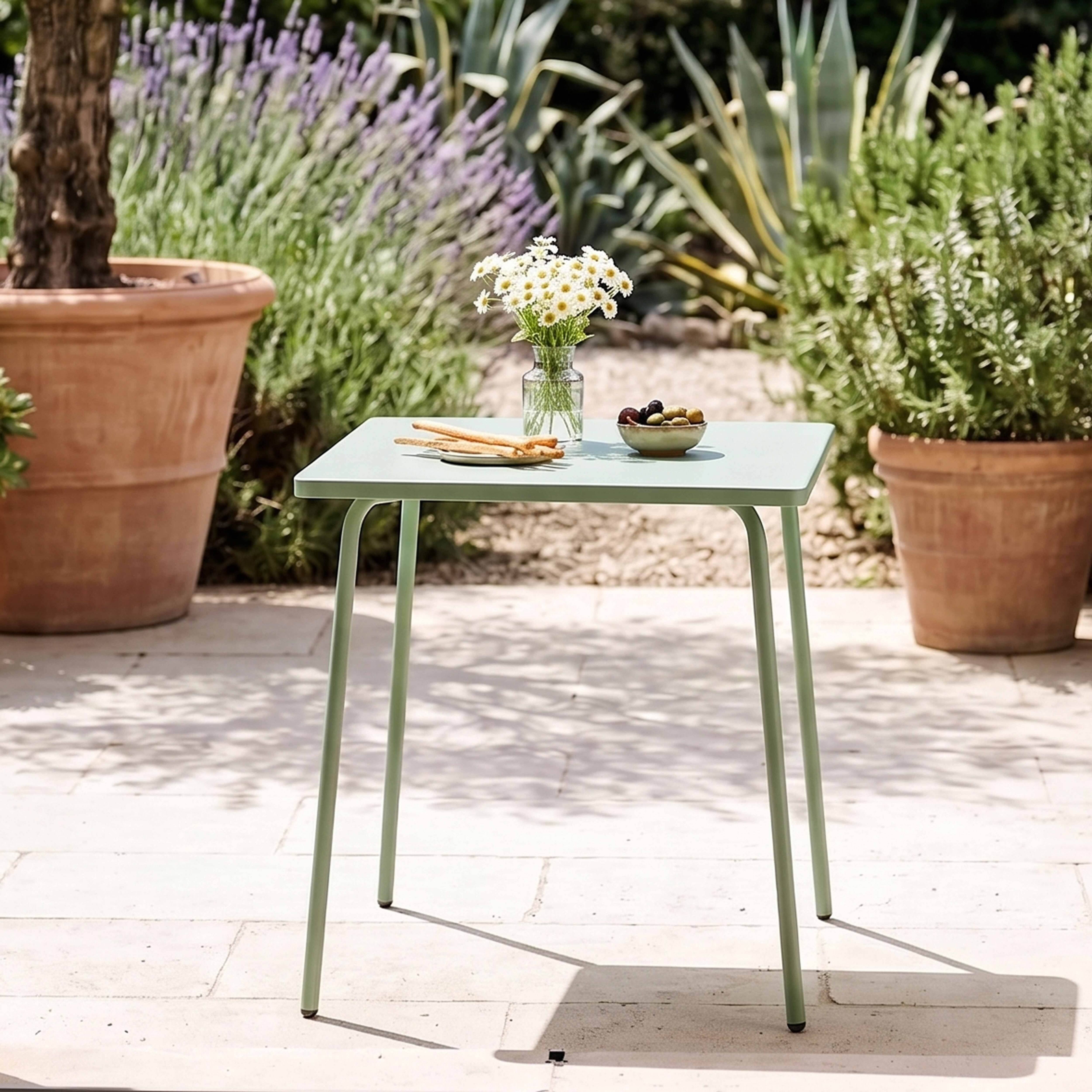 Oviala - Table de jardin carrée en métal vert sauge 70cm Palavas - Oviala - Imagen 2