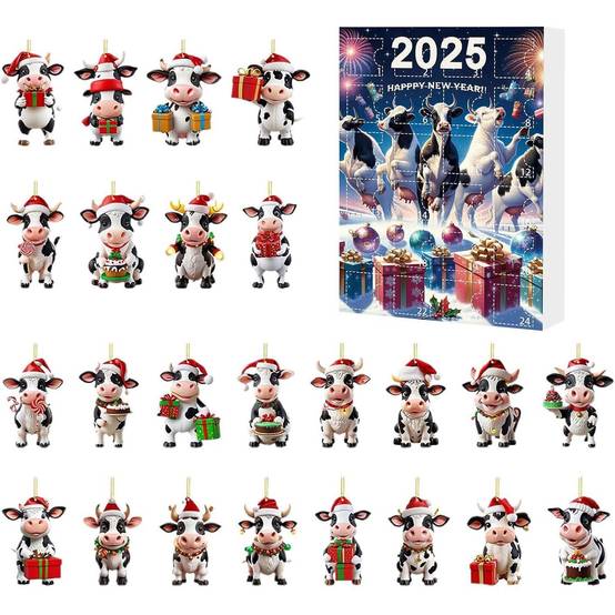 Calendrier de l’Avent de Noël 2025 vache cartoon blind box, 24 pendentifs mignons, décoration sapin Noël, cadeaux, fêtes et voiture - Imagen 1