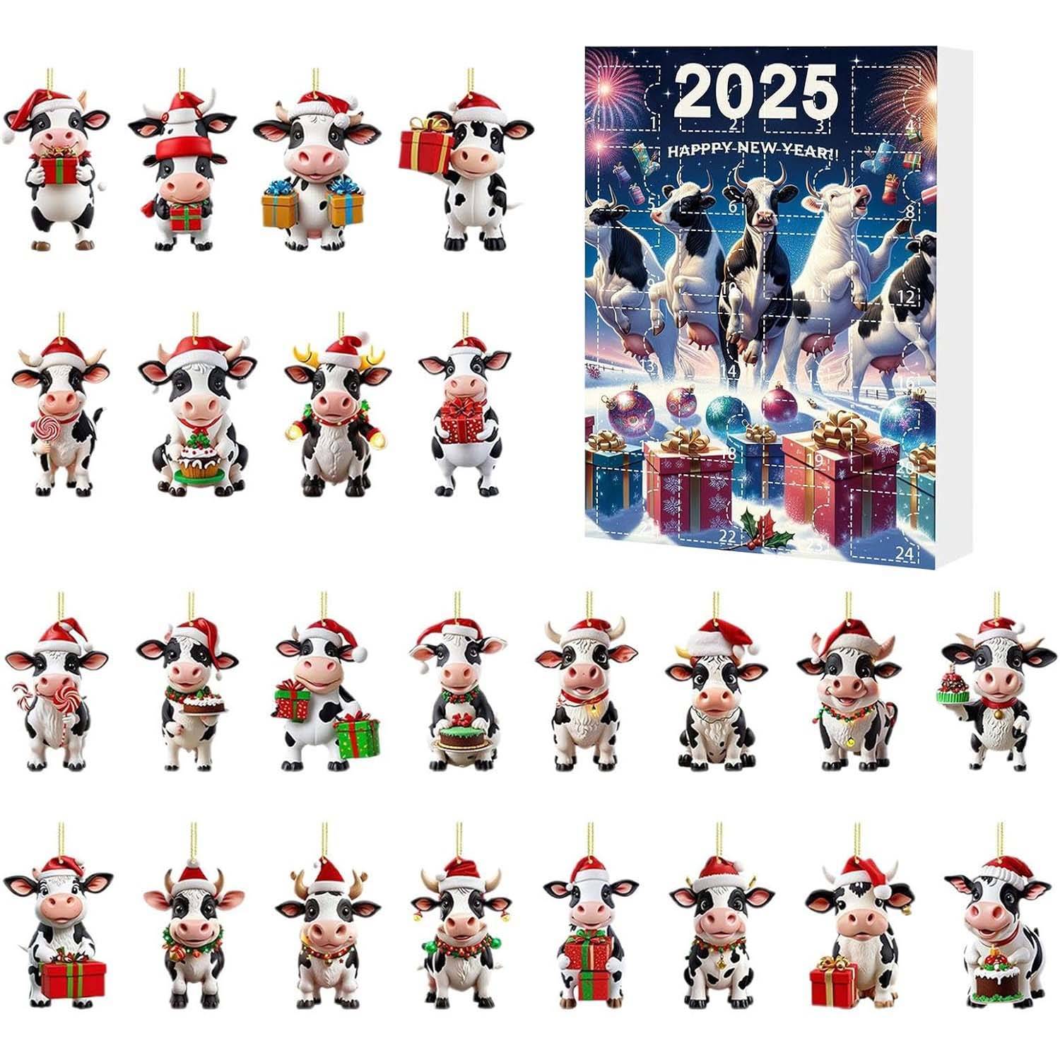 Calendrier de l’Avent de Noël 2025 vache cartoon blind box, 24 pendentifs mignons, décoration sapin Noël, cadeaux, fêtes et voiture - Imagen 1