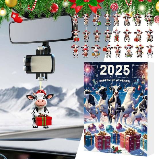 Calendrier de l’Avent de Noël 2025 vache cartoon blind box, 24 pendentifs mignons, décoration sapin Noël, cadeaux, fêtes et voiture - Imagen 7
