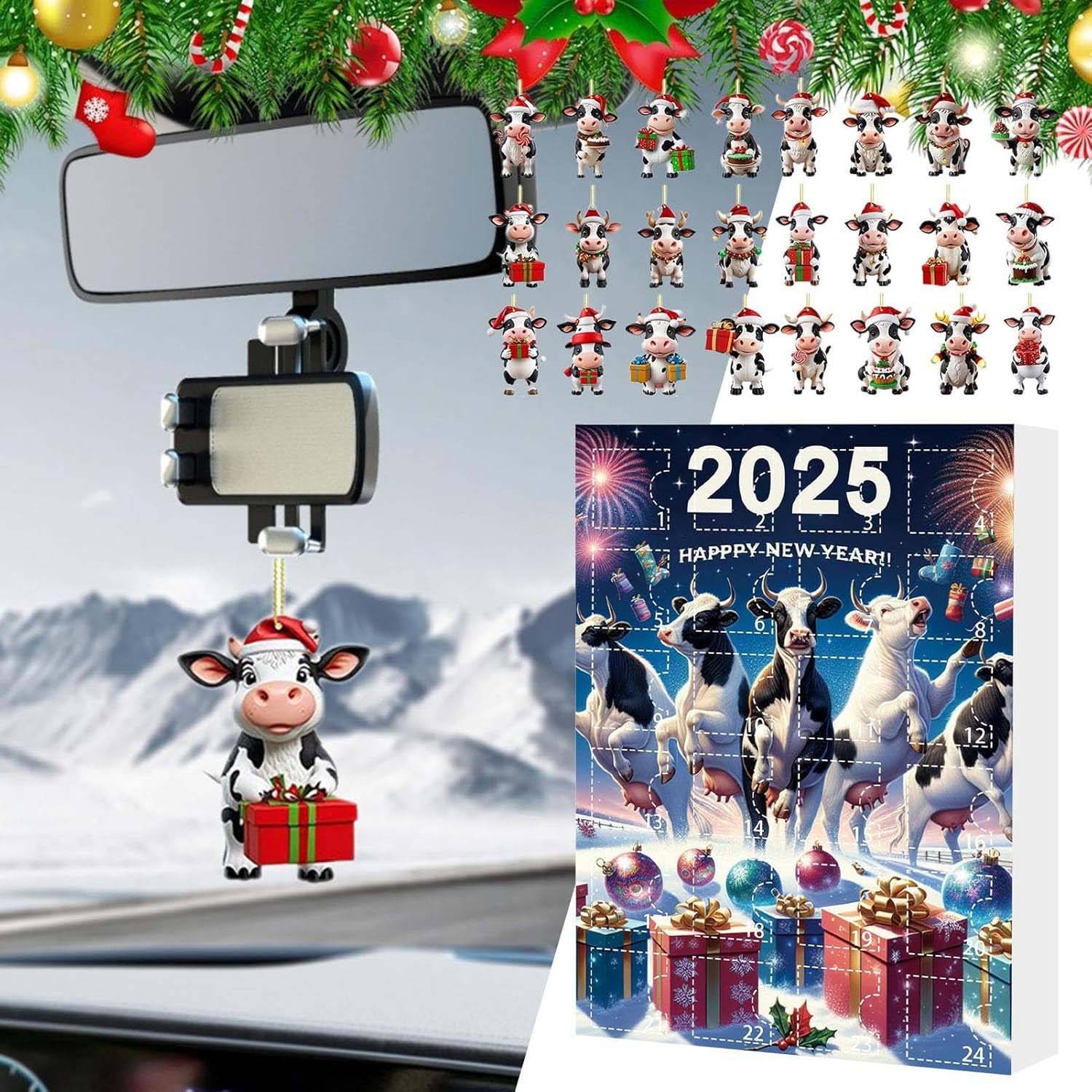 Calendrier de l’Avent de Noël 2025 vache cartoon blind box, 24 pendentifs mignons, décoration sapin Noël, cadeaux, fêtes et voiture - Imagen 7