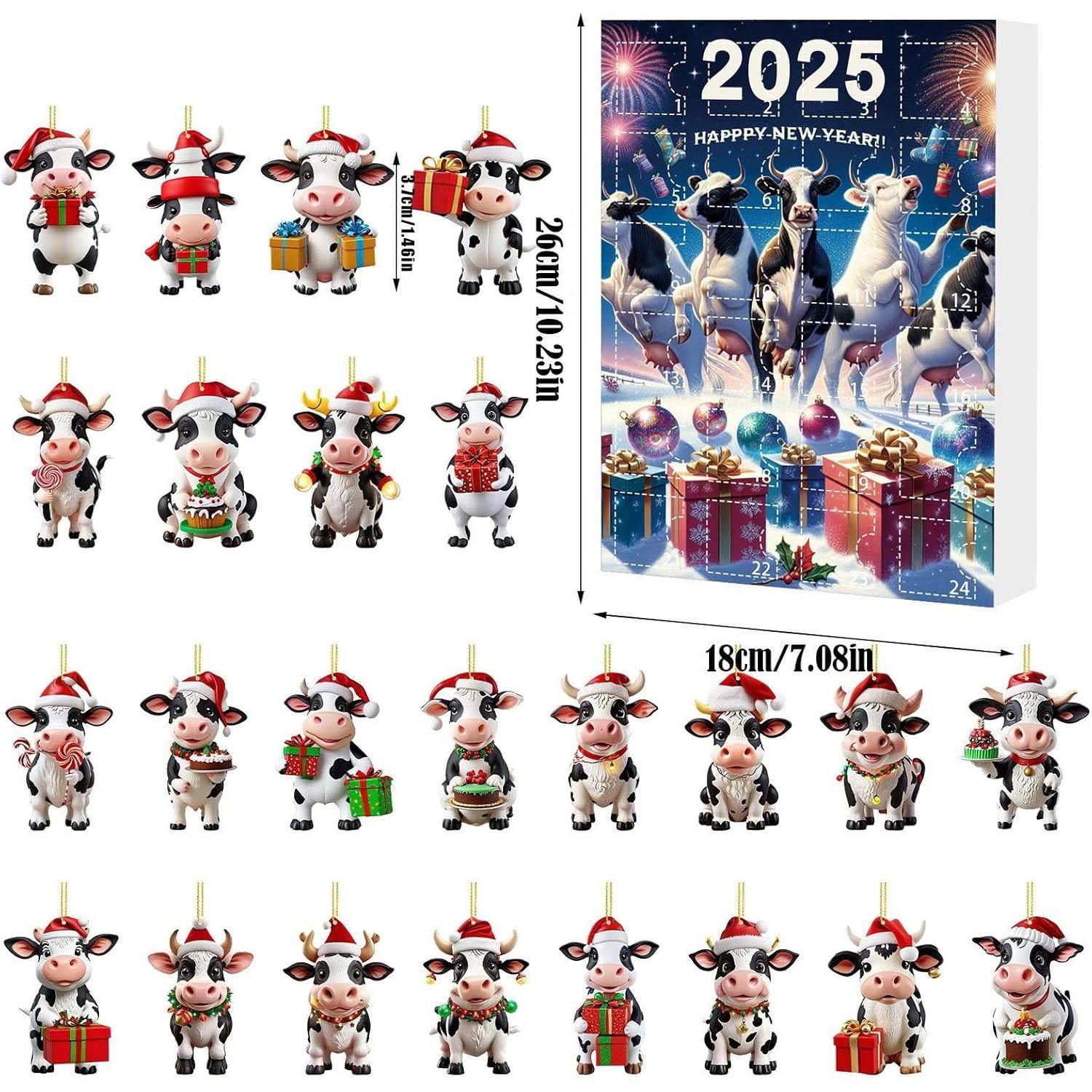 Calendrier de l’Avent de Noël 2025 vache cartoon blind box, 24 pendentifs mignons, décoration sapin Noël, cadeaux, fêtes et voiture - Imagen 2