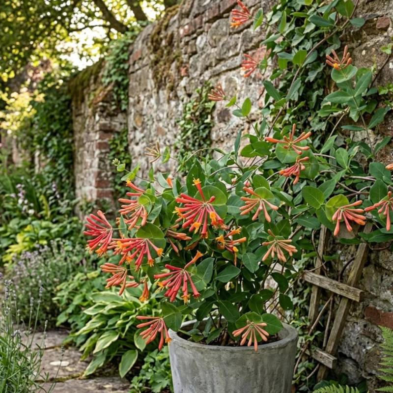 Chèvrefeuille Cedar Lane® à fleurs Rouge - feuillage Persistant - Godet - 5/20 cm-  hauteur à maturité De 3,00 m à 5,00 m - Imagen 2