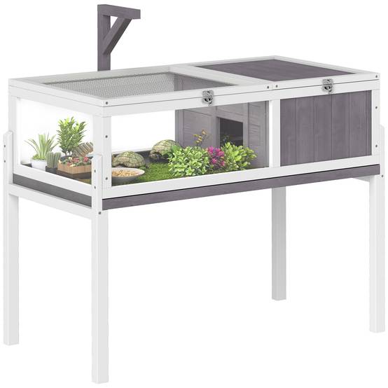 Nichoir surélevé pour tortues avec séparateur et plateau amovible, en bois et PS, 104 x 53 x 82 cm, gris et blanc - Image 1