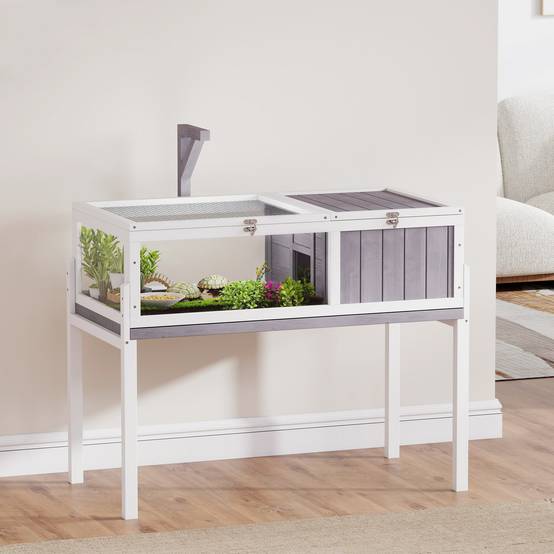 Nichoir surélevé pour tortues avec séparateur et plateau amovible, en bois et PS, 104 x 53 x 82 cm, gris et blanc - Image 4