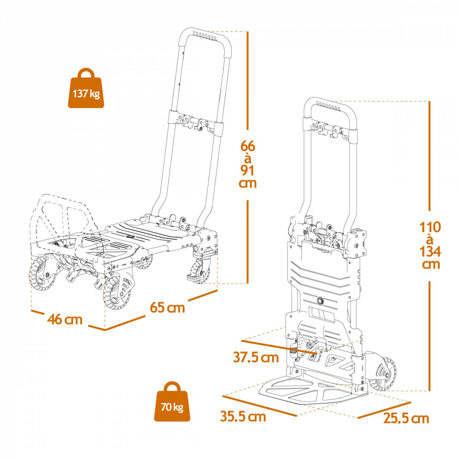 Linxor - Diable, chariot 2 en 1 pliable 4 roues - Charge 137 kg - Linxor - Imagen 2
