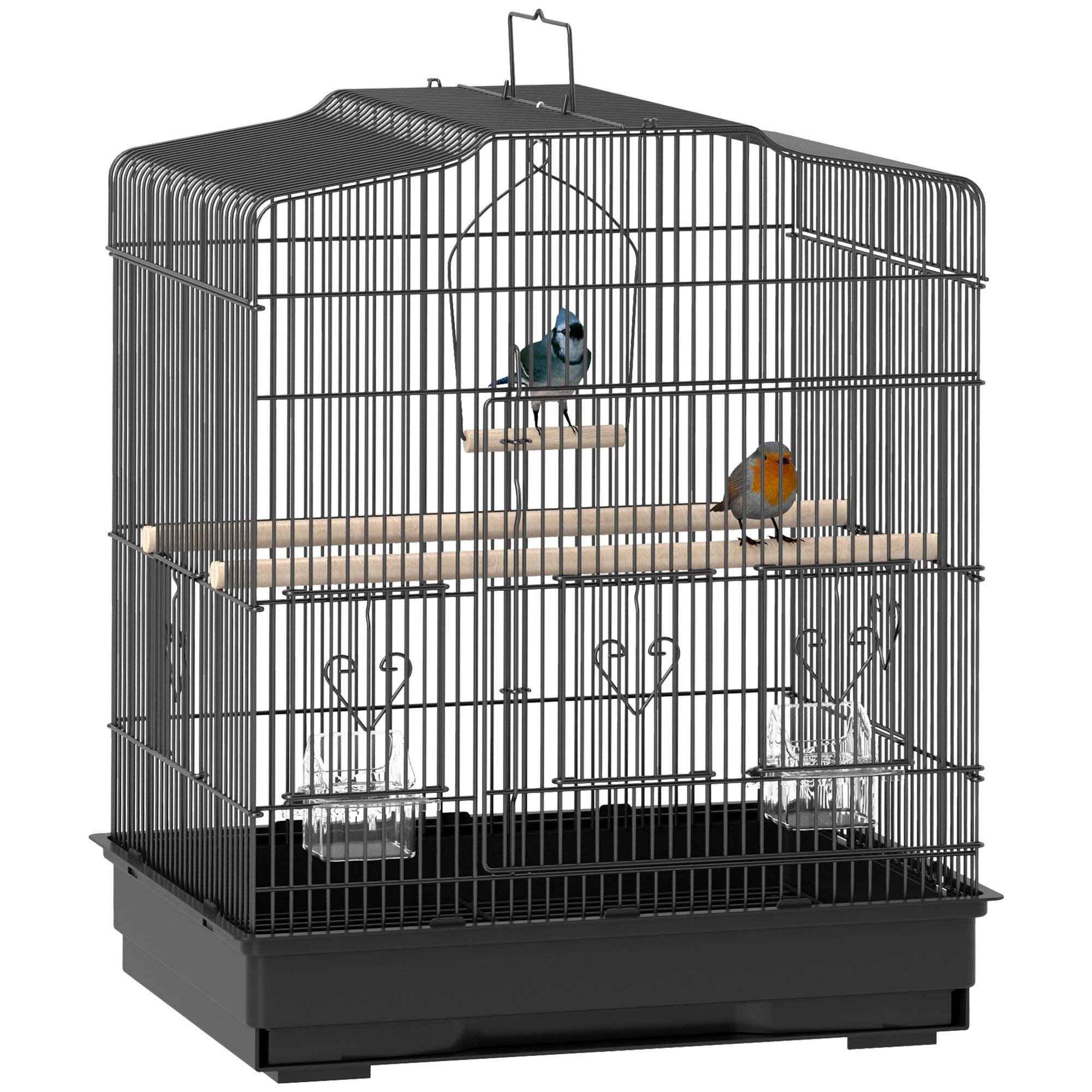 Cage à oiseaux 46,5x36x59 cm avec 2 mangeoires, 2 perchoirs, balançoire, plateau extractible et cadre acier noir - Image 1
