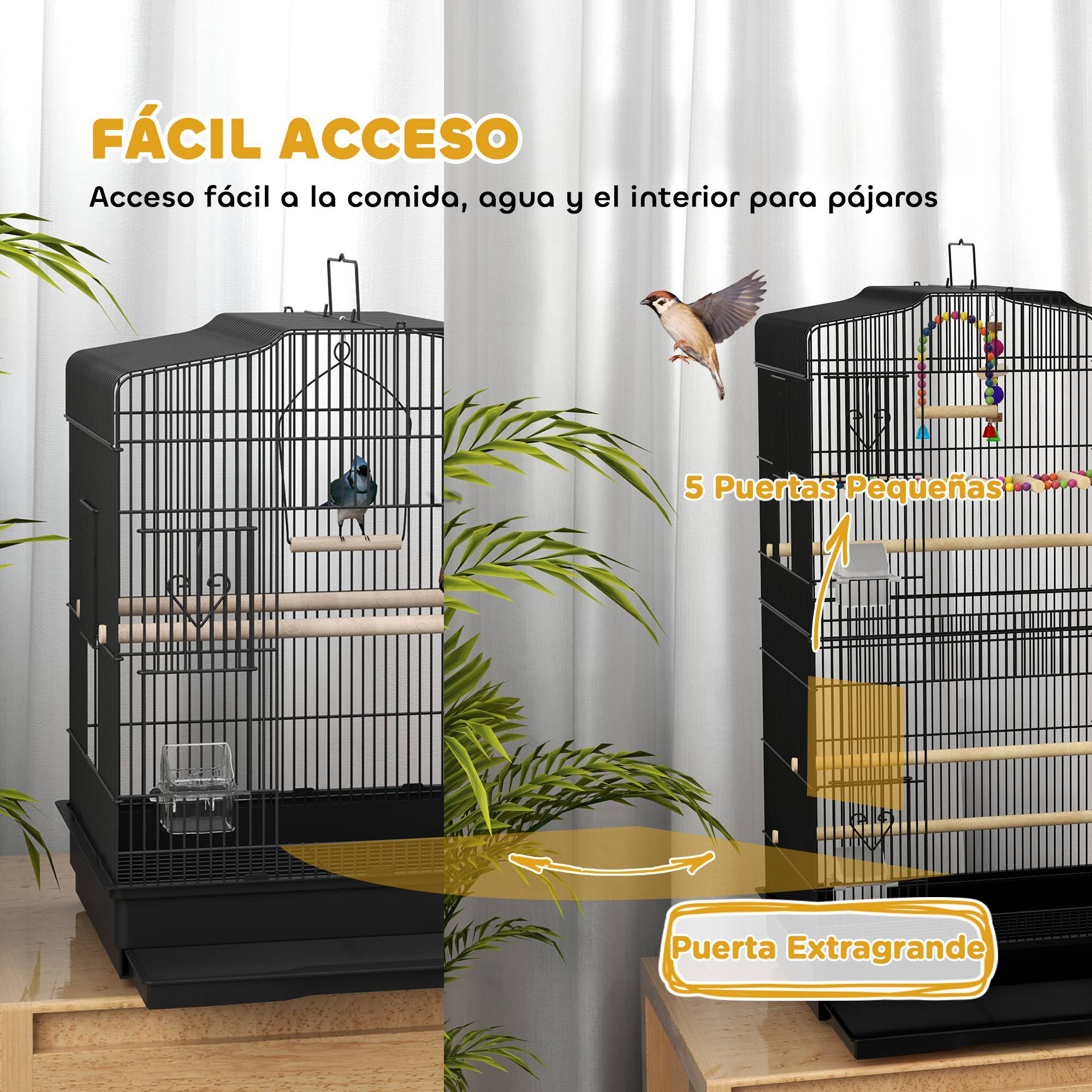 Cage à oiseaux 46,5x36x59 cm avec 2 mangeoires, 2 perchoirs, balançoire, plateau extractible et cadre acier noir - Image 6