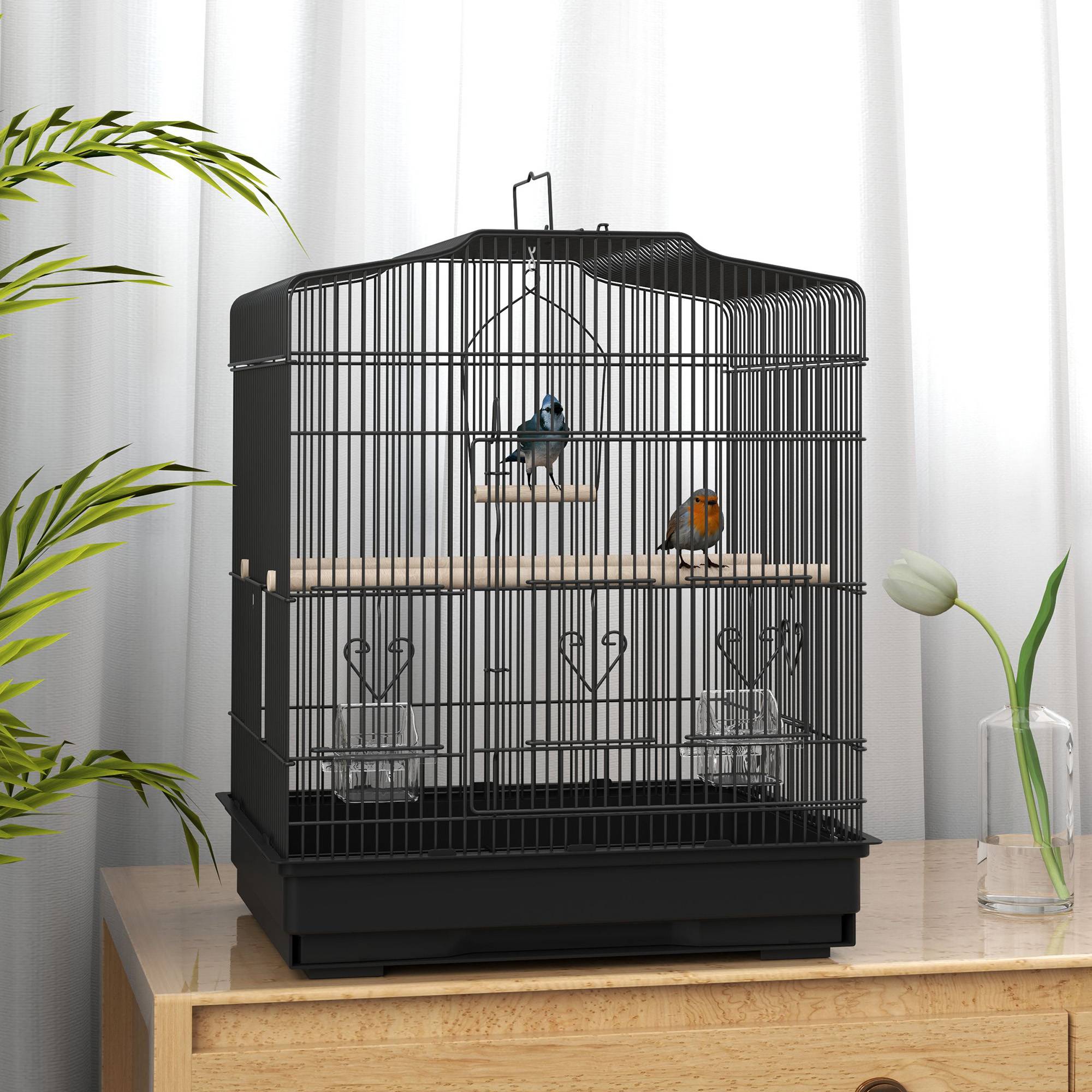 Cage à oiseaux 46,5x36x59 cm avec 2 mangeoires, 2 perchoirs, balançoire, plateau extractible et cadre acier noir - Image 4