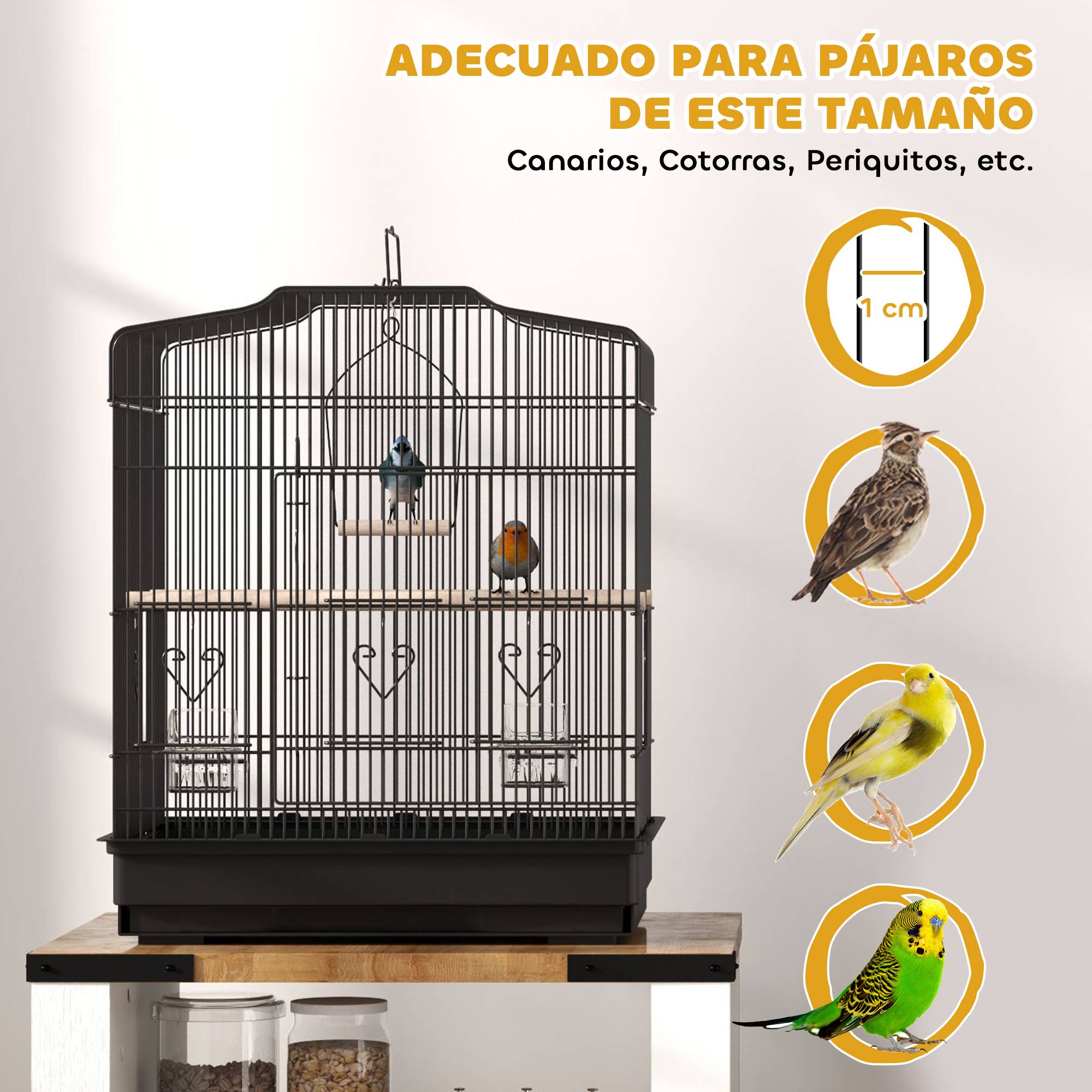 Cage à oiseaux 46,5x36x59 cm avec 2 mangeoires, 2 perchoirs, balançoire, plateau extractible et cadre acier noir - Image 9